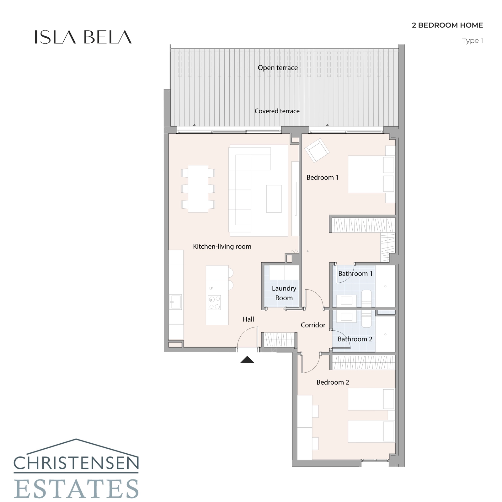Grundriss einer 2-Zimmer-Wohnung mit intelligentem Design, das den Wohnbereich mit einer großen überdachten und offenen Terrasse verbindet.