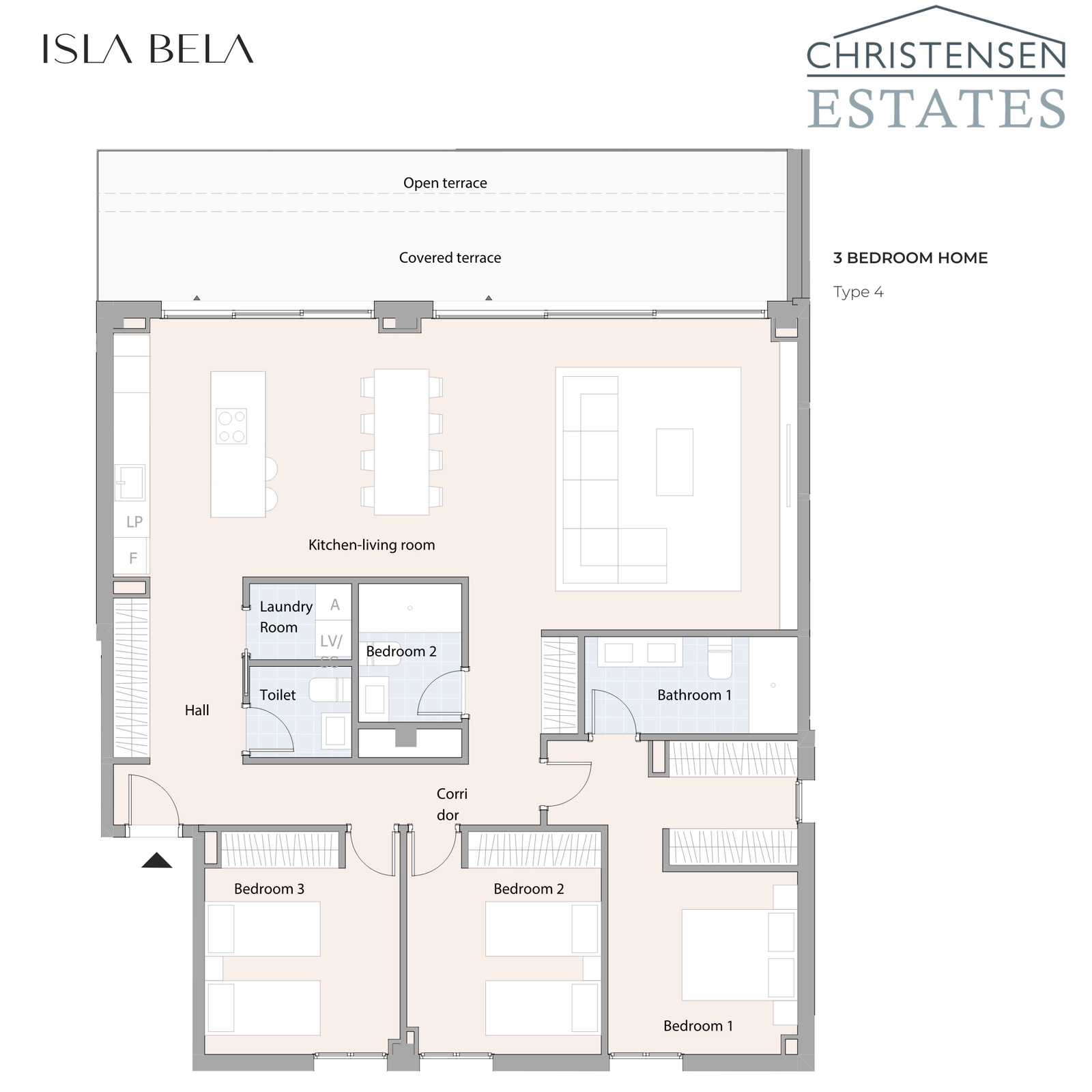Grundriss einer 3-Zimmer-Wohnung, die eine ausgewogene Raumaufteilung für Familienleben und Privatsphäre bietet.