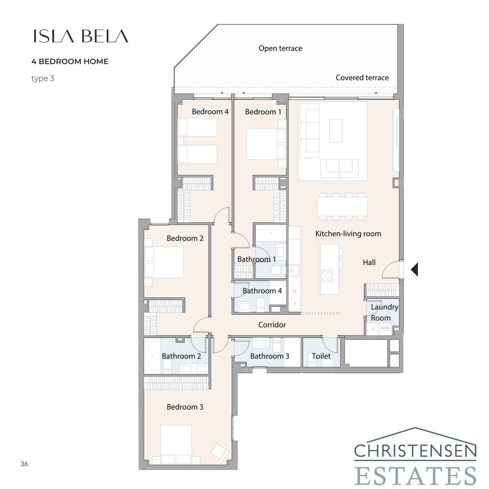 Grundriss einer 4-Zimmer-Residenz, die viel Platz und mehrere Badezimmer für ultimativen Familienkomfort und Luxus bietet.