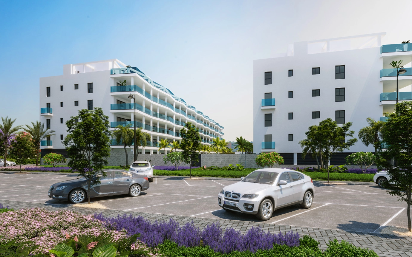 Die zeitgenössische Architektur von Jardines de las Lagunas, entworfen für modernes Wohnen an der Costa del Sol.