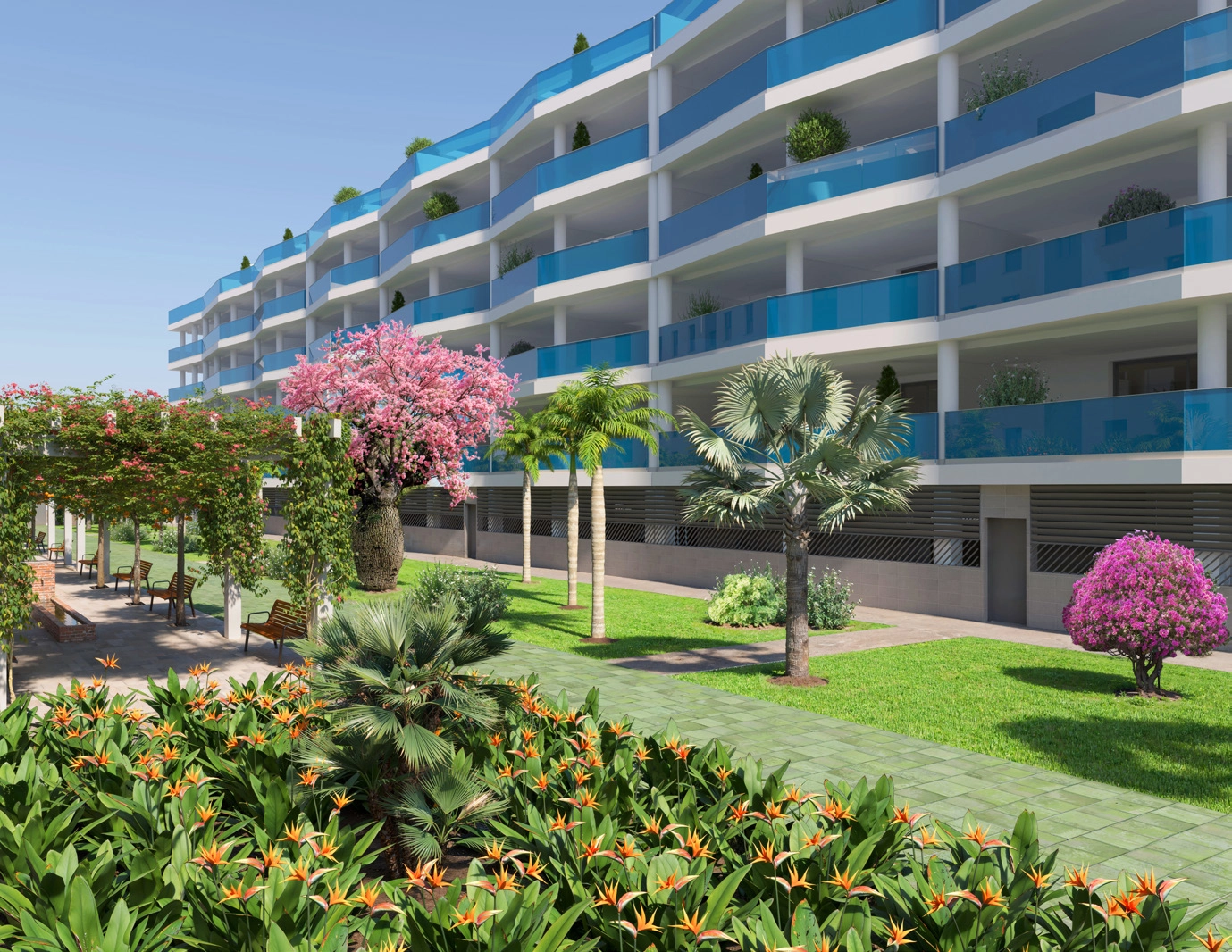 Landschaftlich gestaltete Gärten bieten den Bewohnern einen ruhigen, grünen Rückzugsort zum Entspannen und um sich mit der Natur zu verbinden.