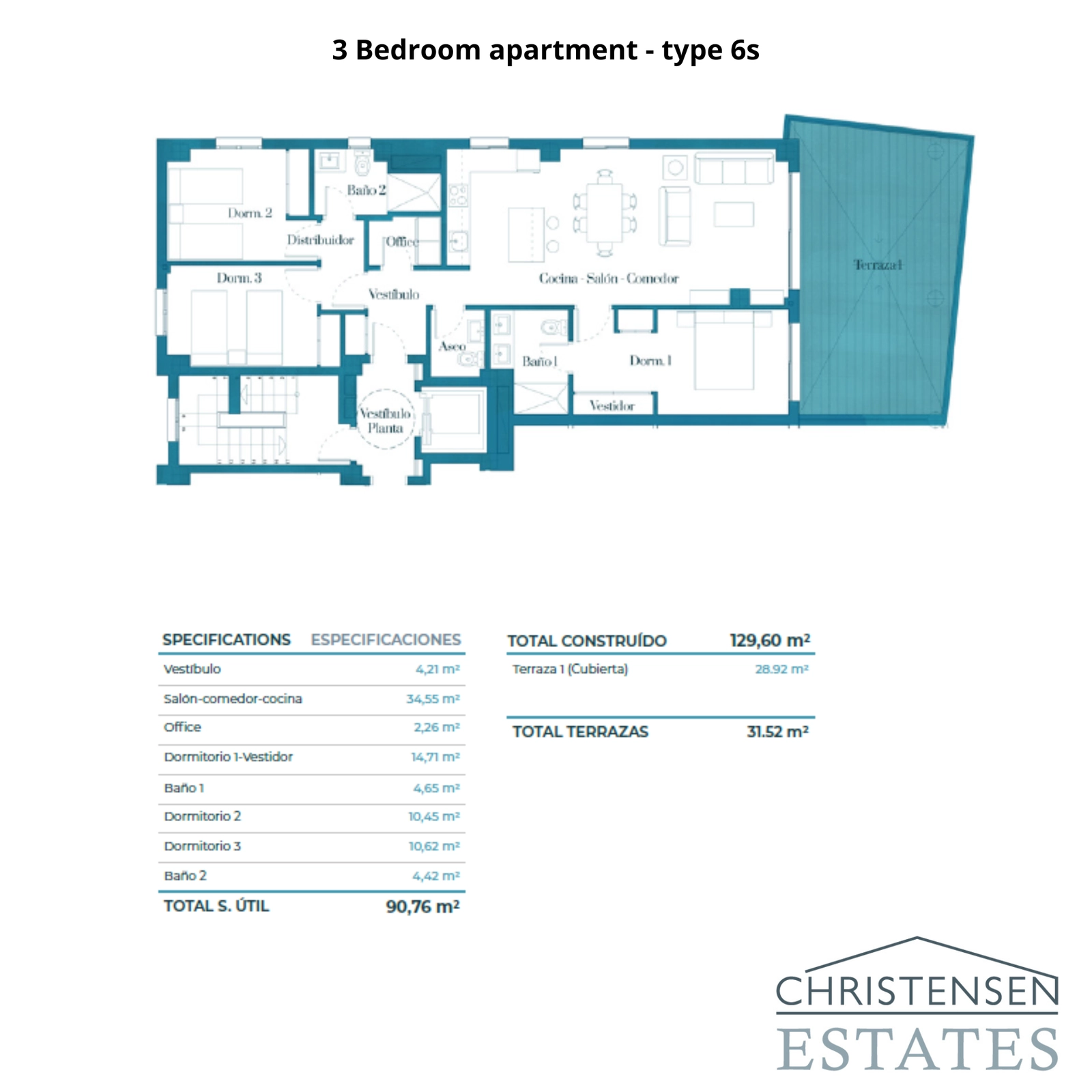 Grundriss für eine geräumige 3-Schlafzimmer-Wohnung mit integriertem Wohnbereich und einer großzügigen privaten Terrasse.