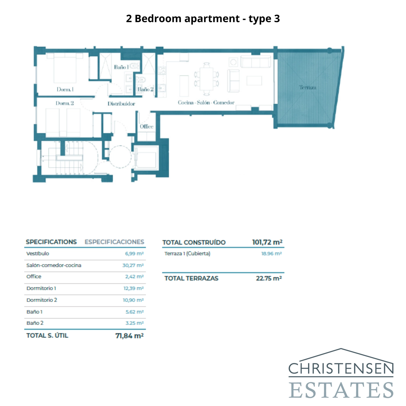 Grundriss einer 2-Schlafzimmer-Wohnung mit intelligenter Aufteilung, die Raum und Tageslicht maximiert.
