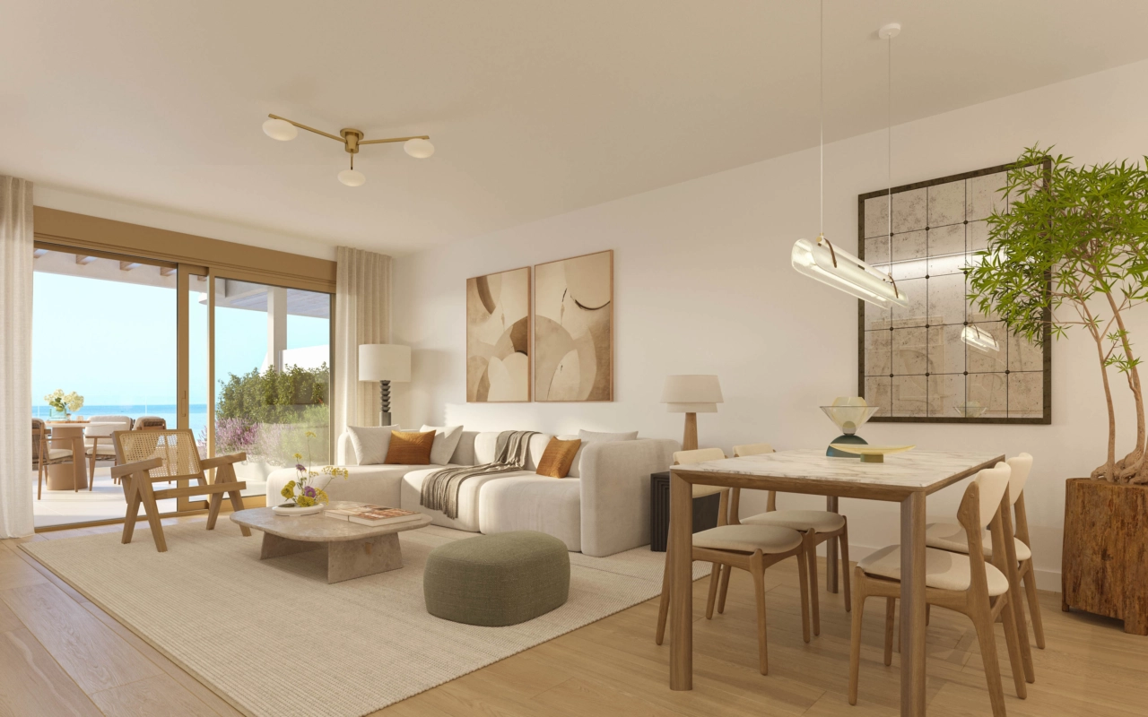 Elegante Innenräume werden durch große Fenster mit natürlichem Licht durchflutet.