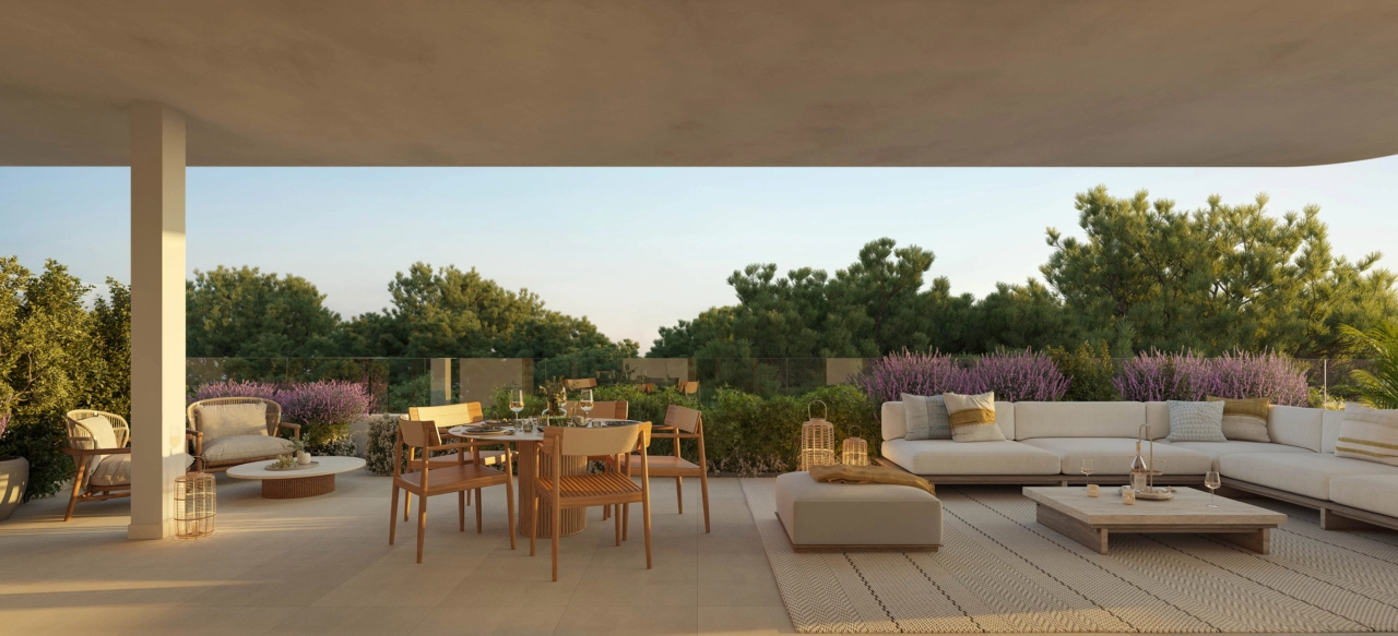 Erdgeschosswohnungen verfügen über großzügige Terrassen mit direktem Zugang zu üppigen Gärten.