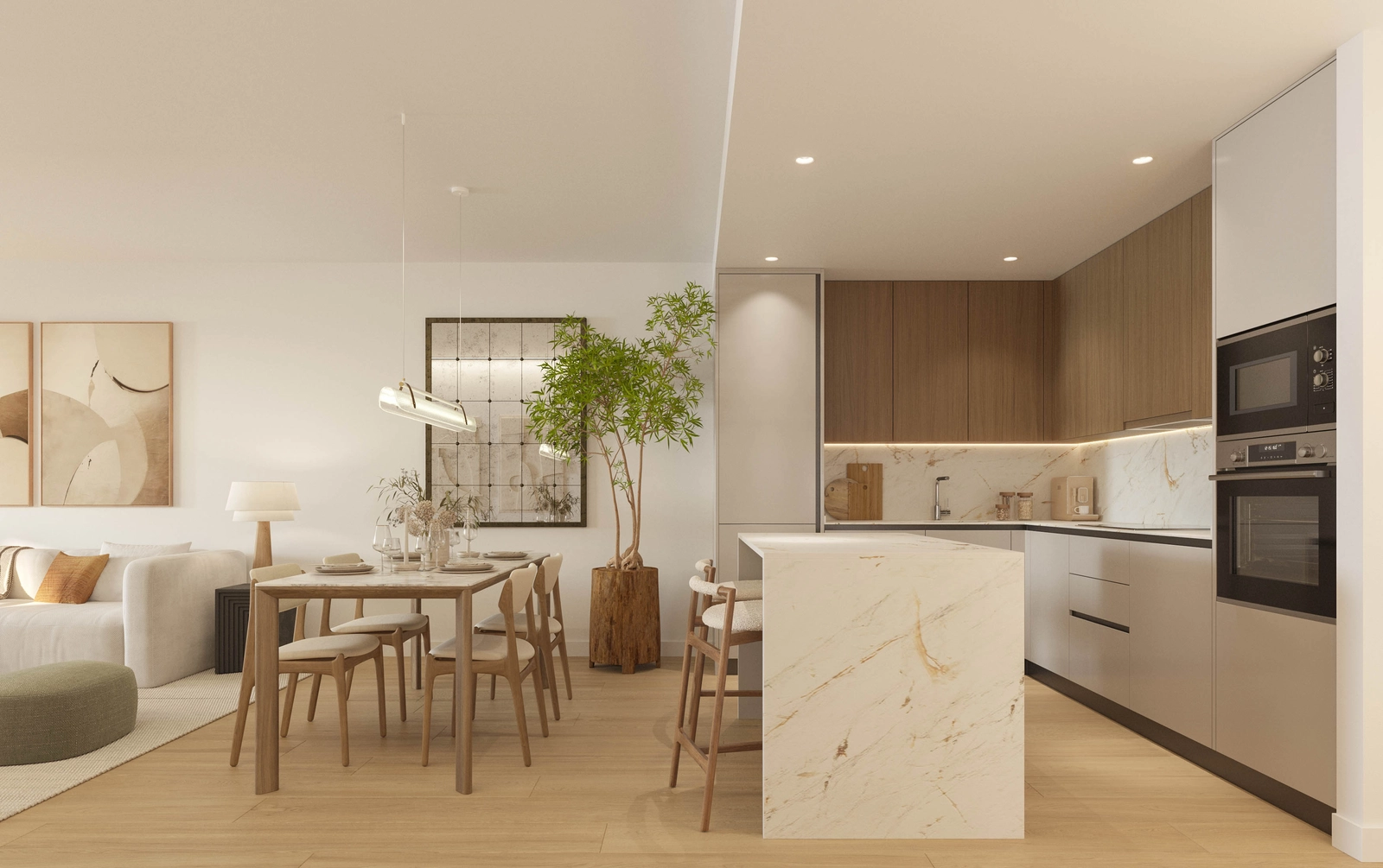 Eine moderne, offene Küche mit hochwertigen Geräten und Premium-Ausstattung.