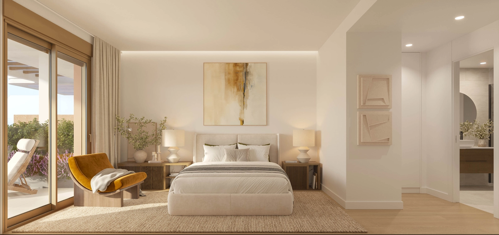 Das Hauptschlafzimmer ist ein ruhiger Rückzugsort mit direktem Zugang zu einer privaten Terrasse.