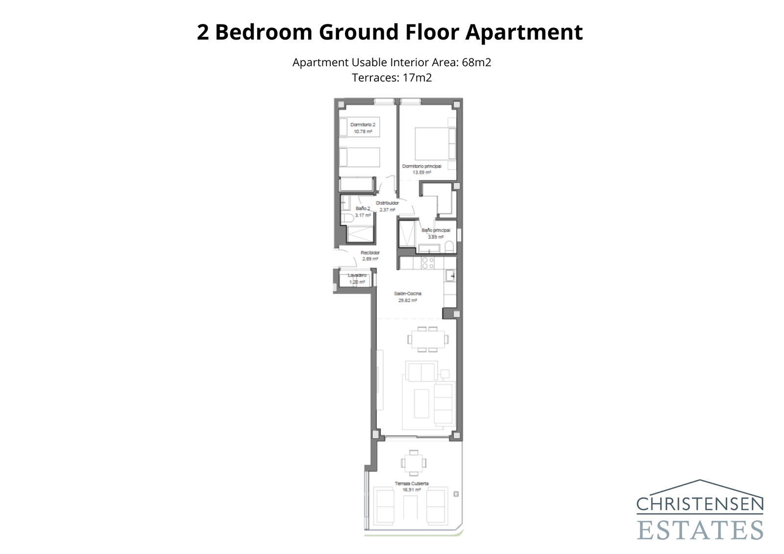 Dieser Grundriss einer Zweizimmer-Erdgeschosswohnung bietet einen nahtlosen Übergang zu einer großzügigen privaten Terrasse.