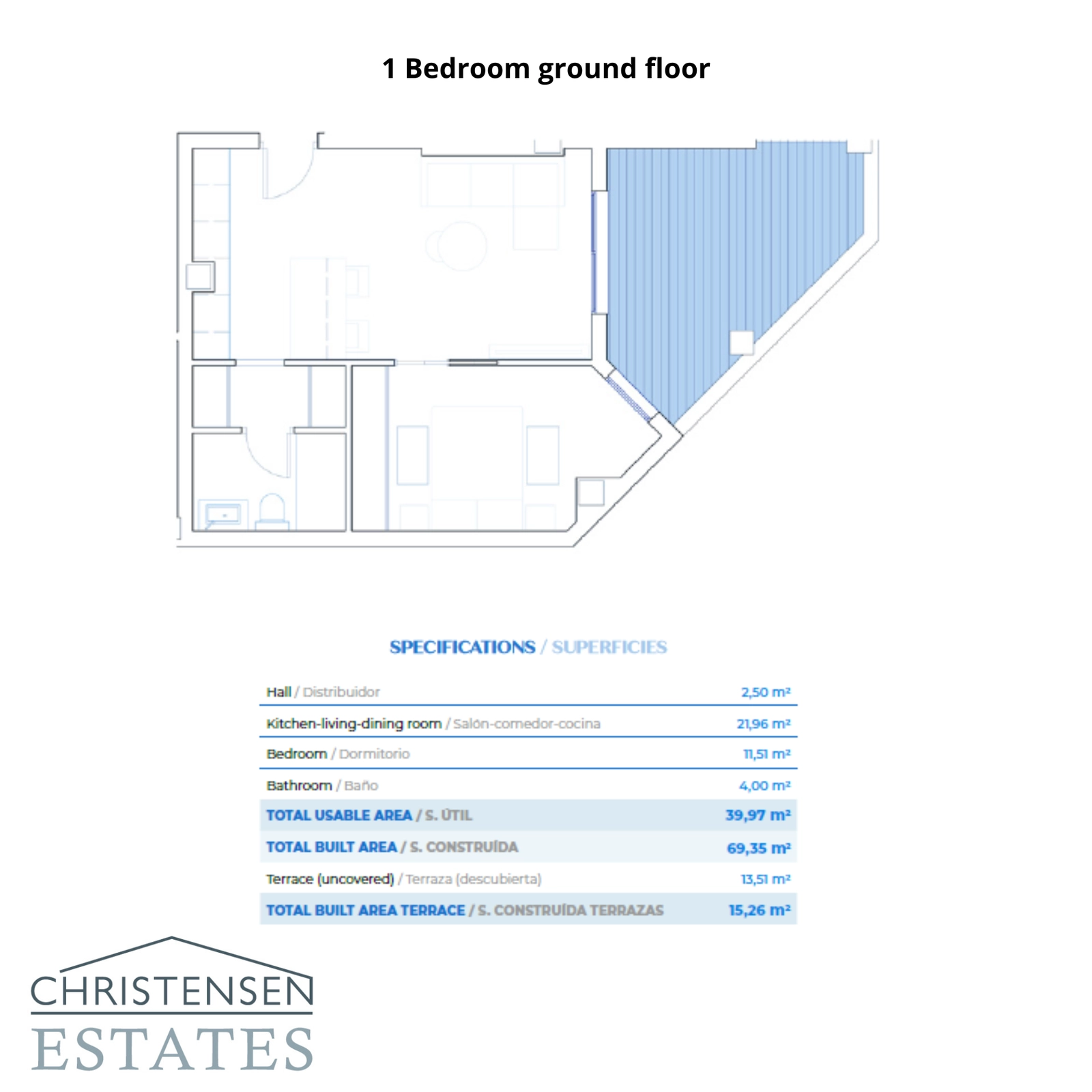 Dieser Grundriss einer Ein-Schlafzimmer-Erdgeschosswohnung zeigt einen gut proportionierten Wohnbereich, der sich auf eine geräumige private Terrasse erstreckt.