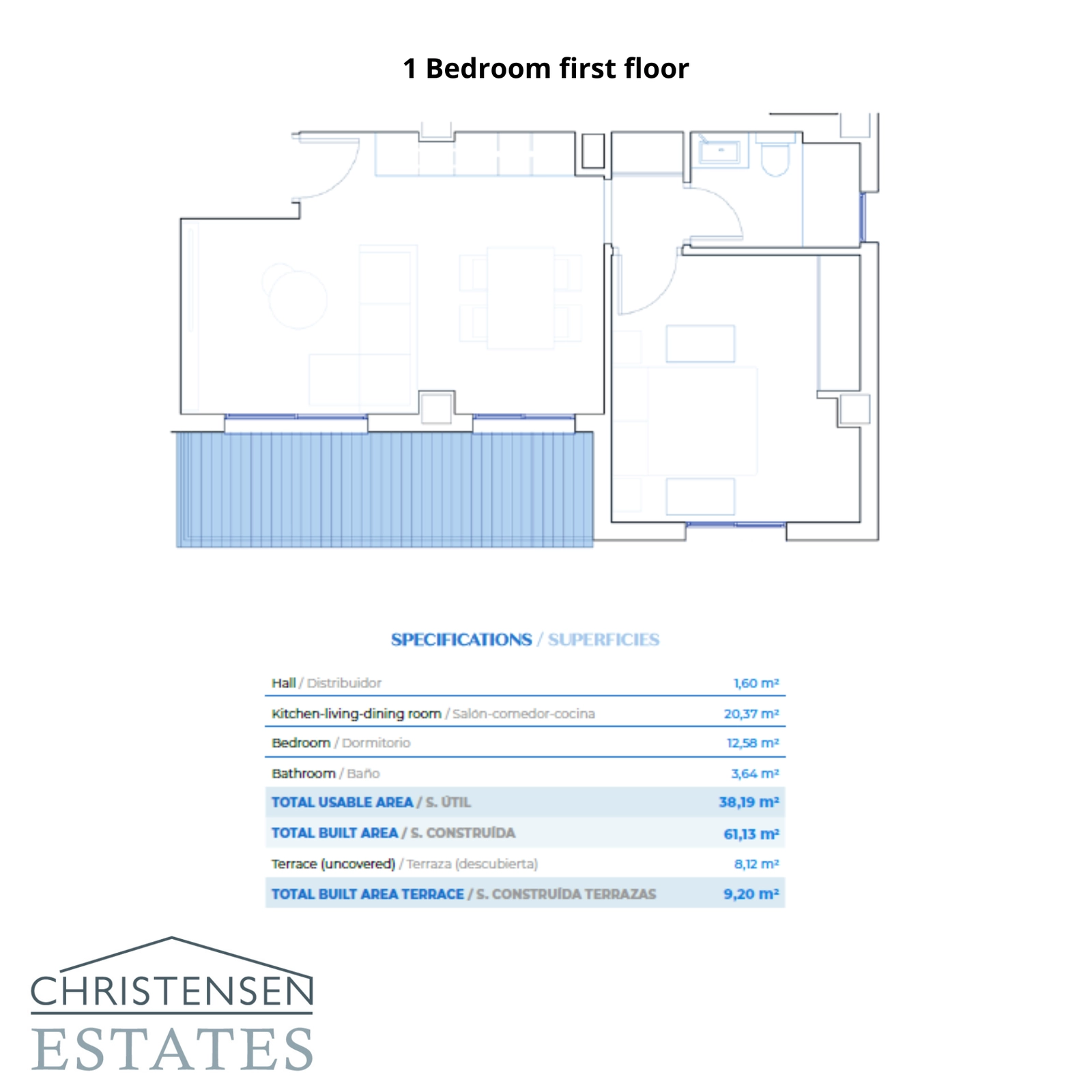 Ein durchdacht gestalteter Ein-Schlafzimmer-Grundriss für die Wohnungen im ersten Stock, der komfortablen Innenraum mit einer angenehmen privaten Terrasse in Einklang bringt.