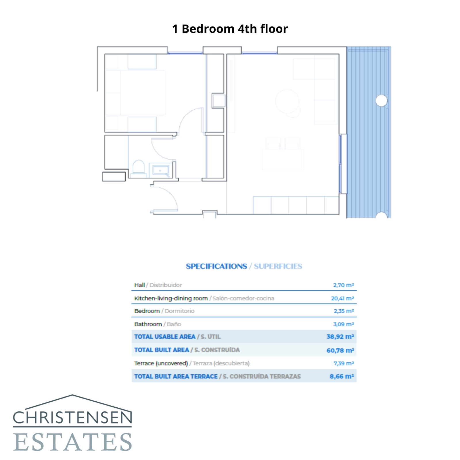Der effiziente und stilvolle Grundriss einer Ein-Schlafzimmer-Wohnung im vierten Stock, mit einem offenen Wohnbereich und einer Terrasse, um die Aussicht zu genießen.