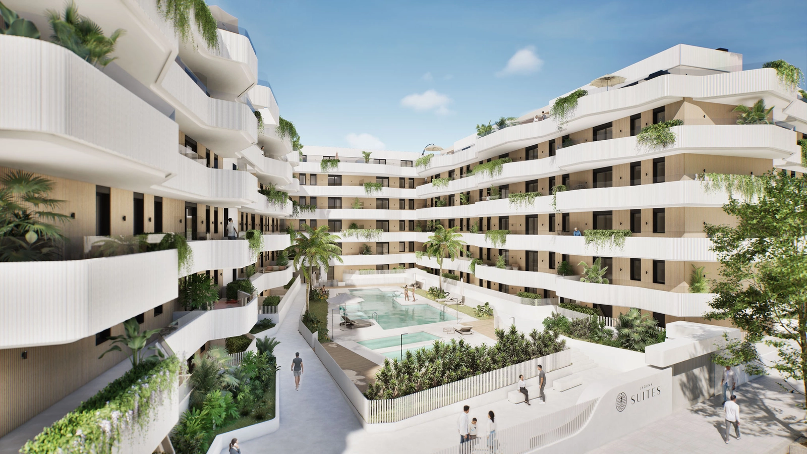 Eine Luftaufnahme der atemberaubenden organischen Architektur und des zentralen Poolbereichs dieser exklusiven Wohnanlage an der Costa del Sol.