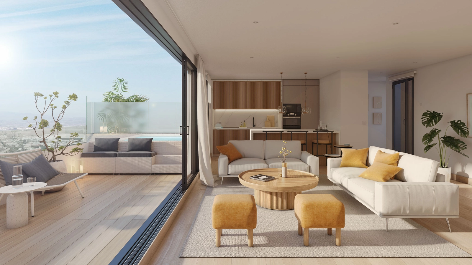 Ein helles und geräumiges Wohnzimmer in einer Dachgeschosswohnung, das nahtlos auf eine sonnige Terrasse übergeht.