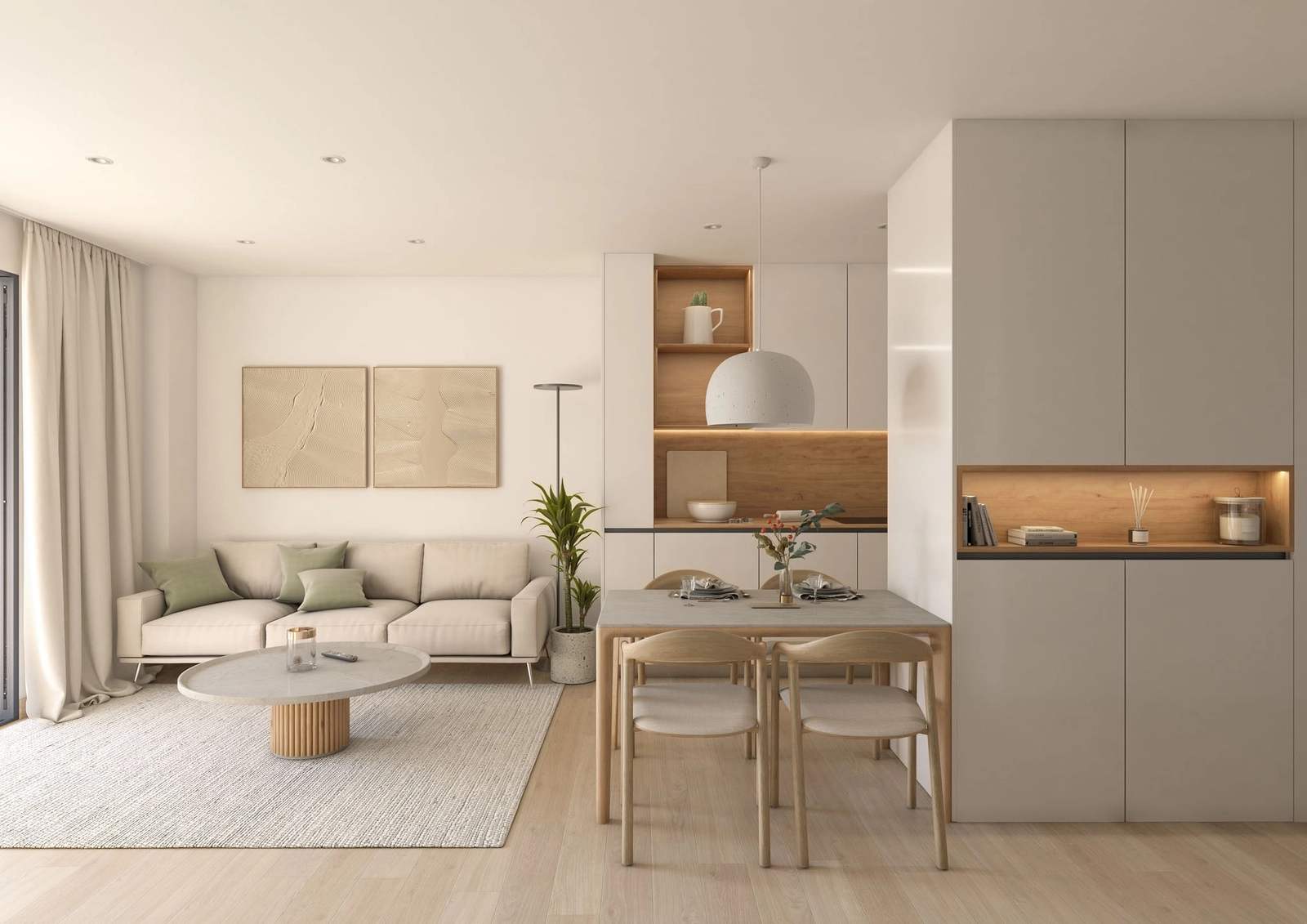 Der offene Wohn- und Essbereich, modern möbliert und lichtdurchflutet.