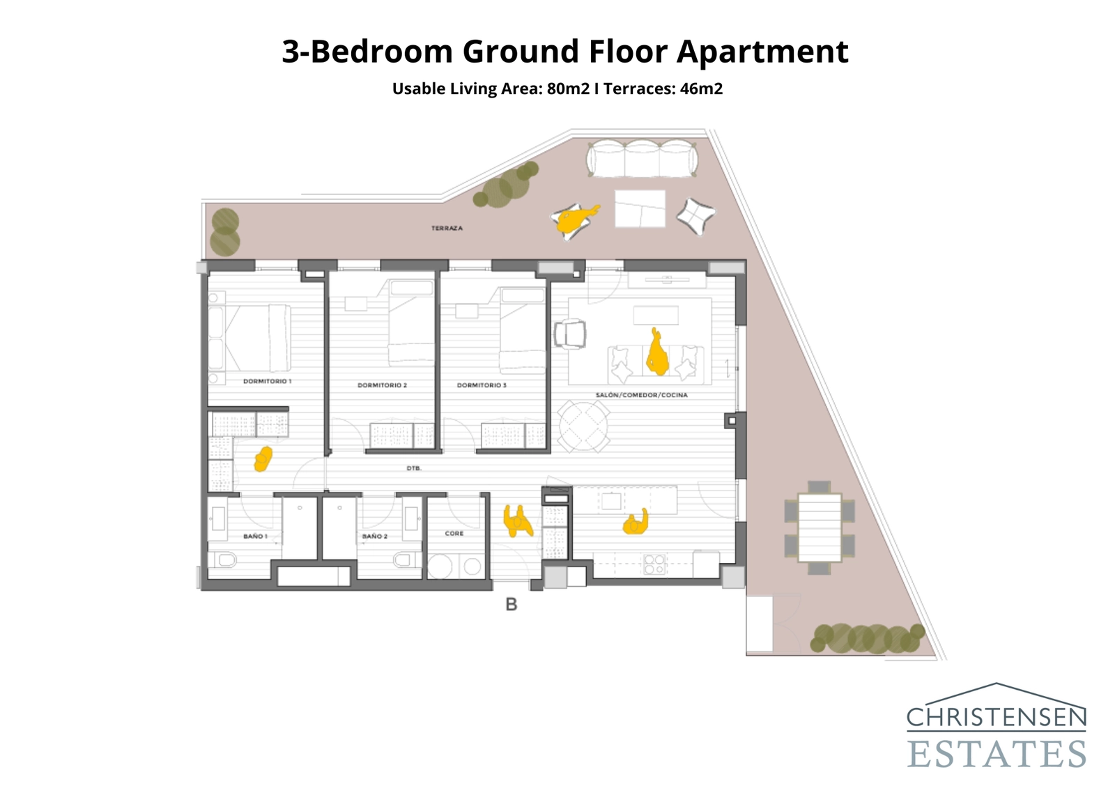 Diese Drei-Schlafzimmer-Erdgeschosswohnung verfügt über eine großzügige Terrasse, die eine nahtlose Verbindung zwischen Innen- und Außenbereich schafft.