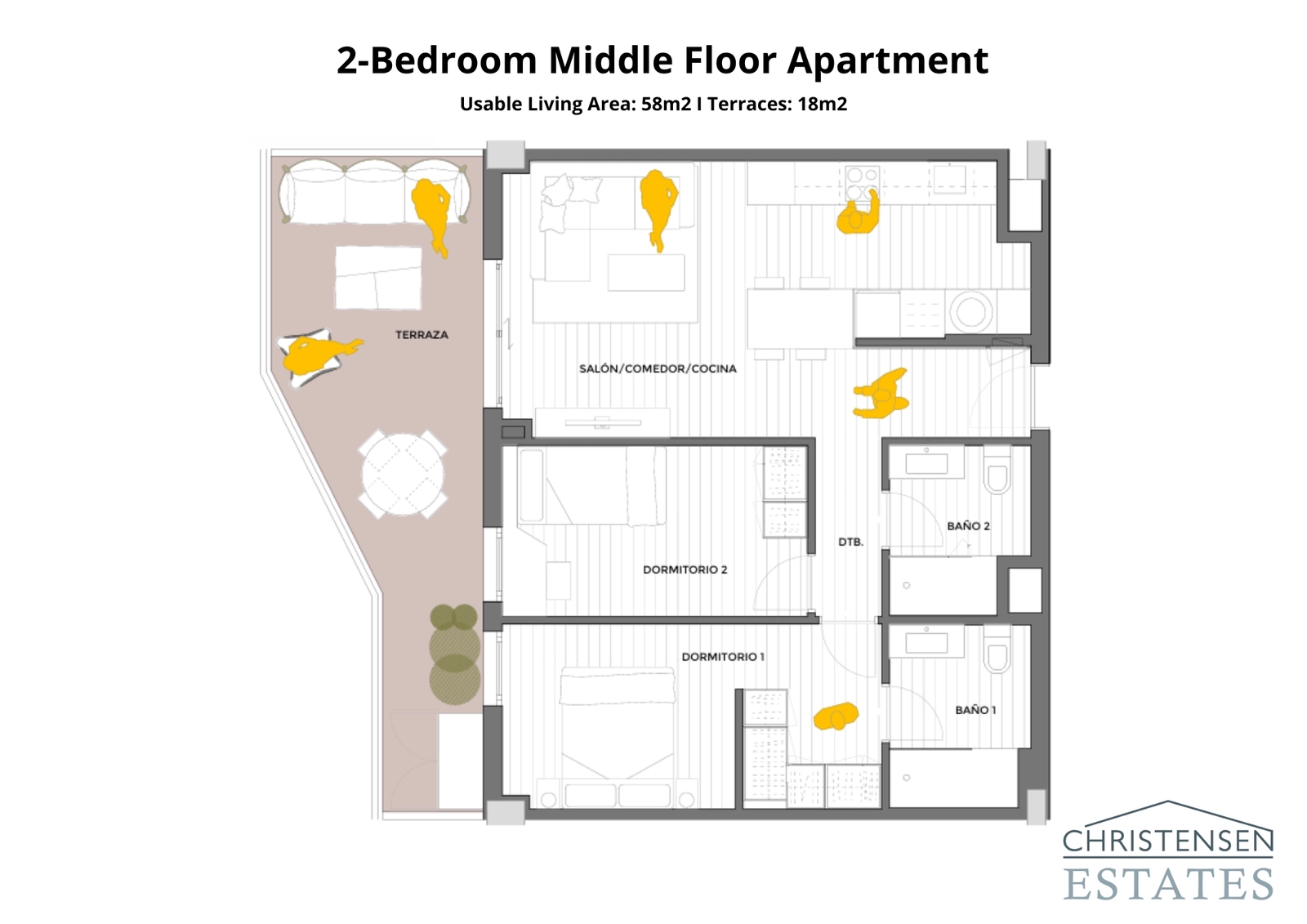 Der Grundriss dieser Zwei-Schlafzimmer-Wohnung ist auf Komfort ausgelegt, mit einem klar definierten Wohnbereich und einer privaten Terrasse.