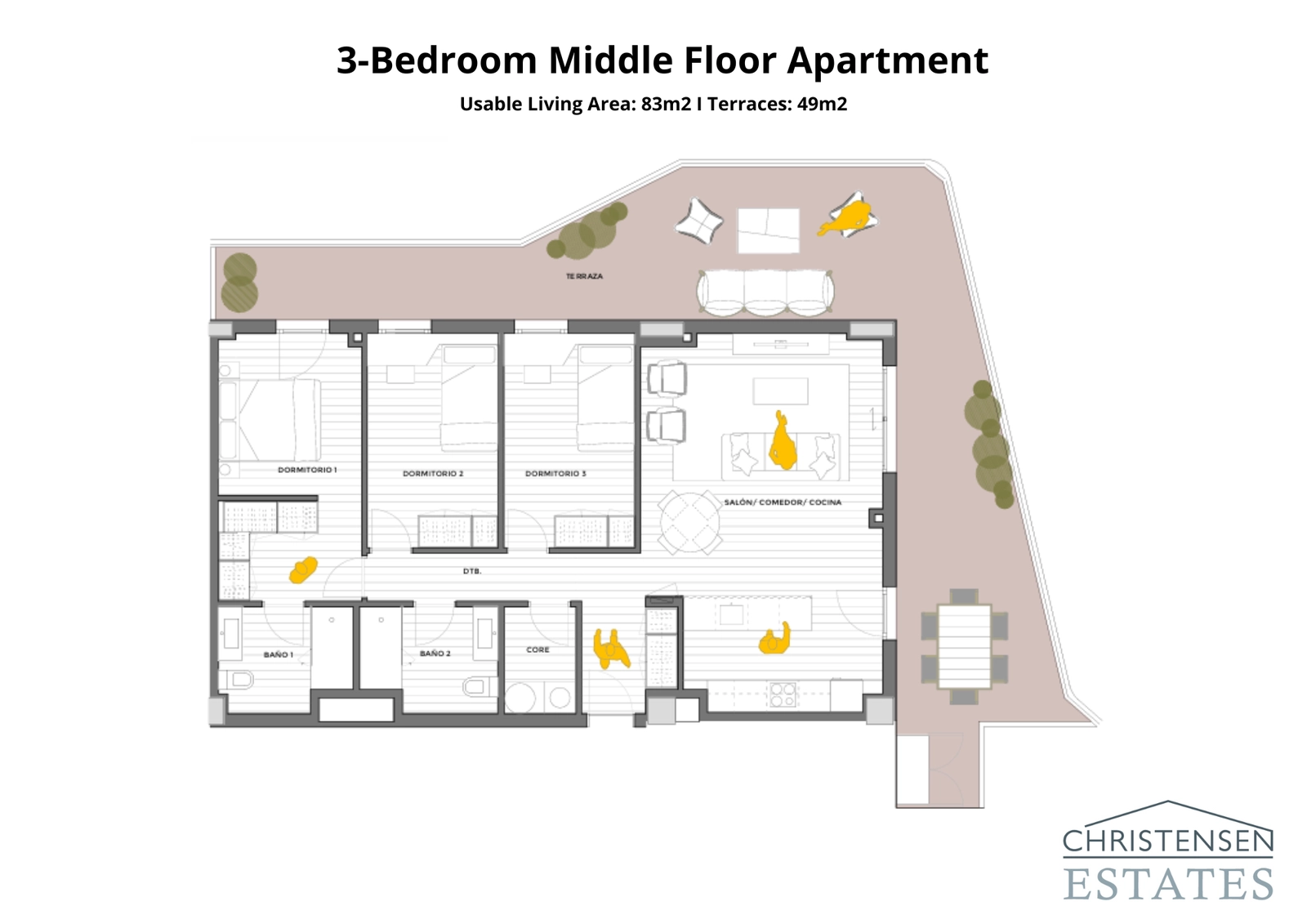 Ein geräumiger Grundriss mit drei Schlafzimmern, der die hervorragende Raumaufteilung und den großen Terrassenbereich für Familienfreuden zeigt.