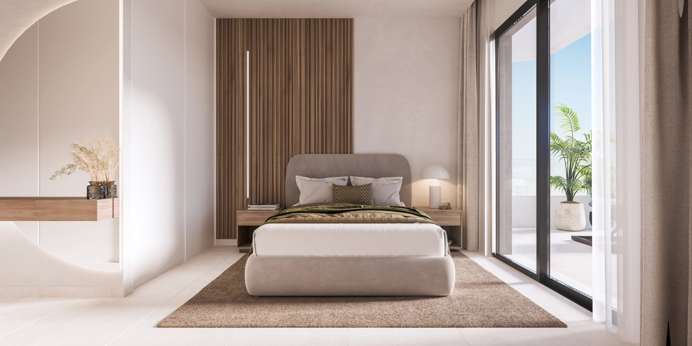 Ein ruhiges Hauptschlafzimmer mit modernem Design und direktem Zugang zu einer privaten Terrasse, das einen persönlichen Rückzugsort schafft.