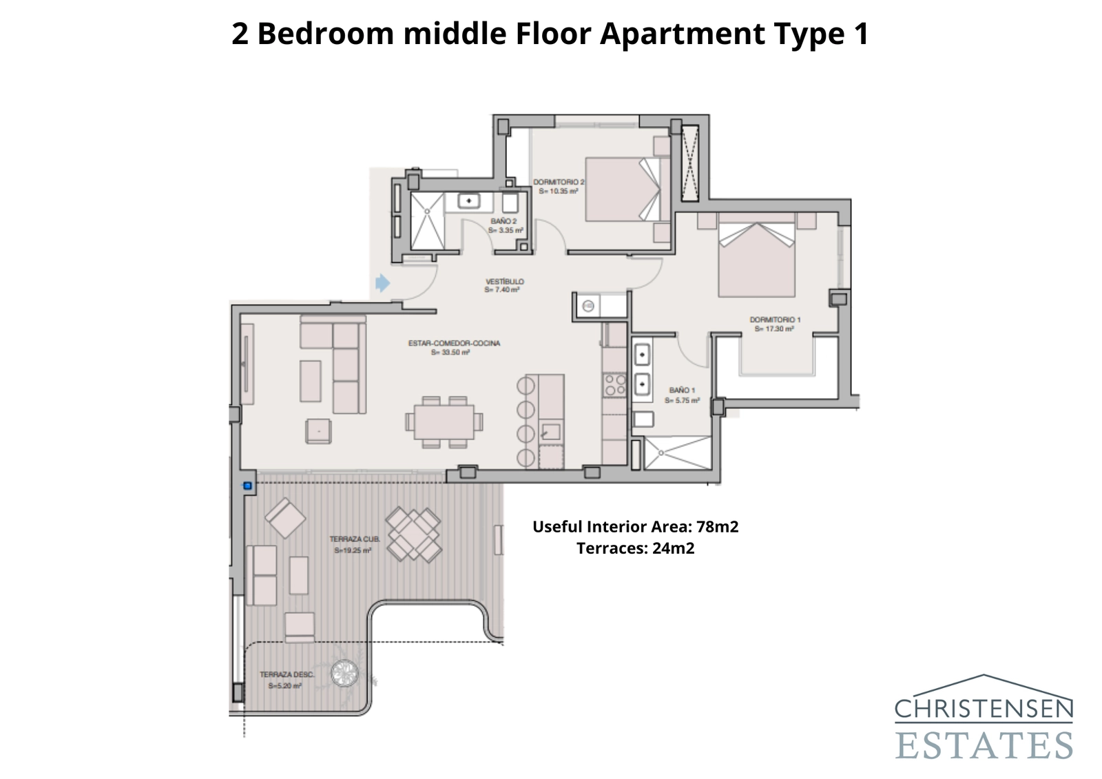 Ein intelligent konzipierter Grundriss für eine Wohnung mit zwei Schlafzimmern, der Raum und Tageslicht maximiert und eine geräumige Terrasse bietet.