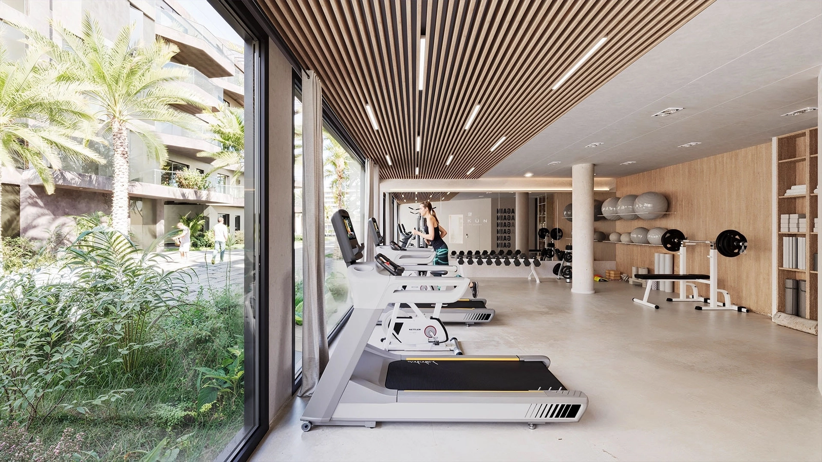Ein hochmodernes Fitnesscenter ermöglicht es den Bewohnern, einen gesunden und aktiven Lebensstil beizubehalten, ohne das Haus verlassen zu müssen.