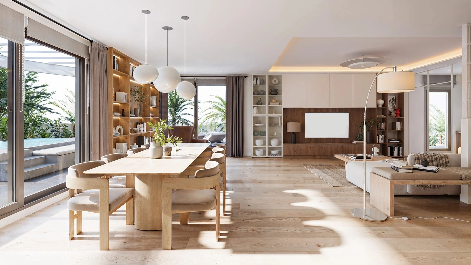 Helle Wohnbereiche sind auf Komfort und Eleganz ausgelegt und gehen nahtlos in private Terrassen über.