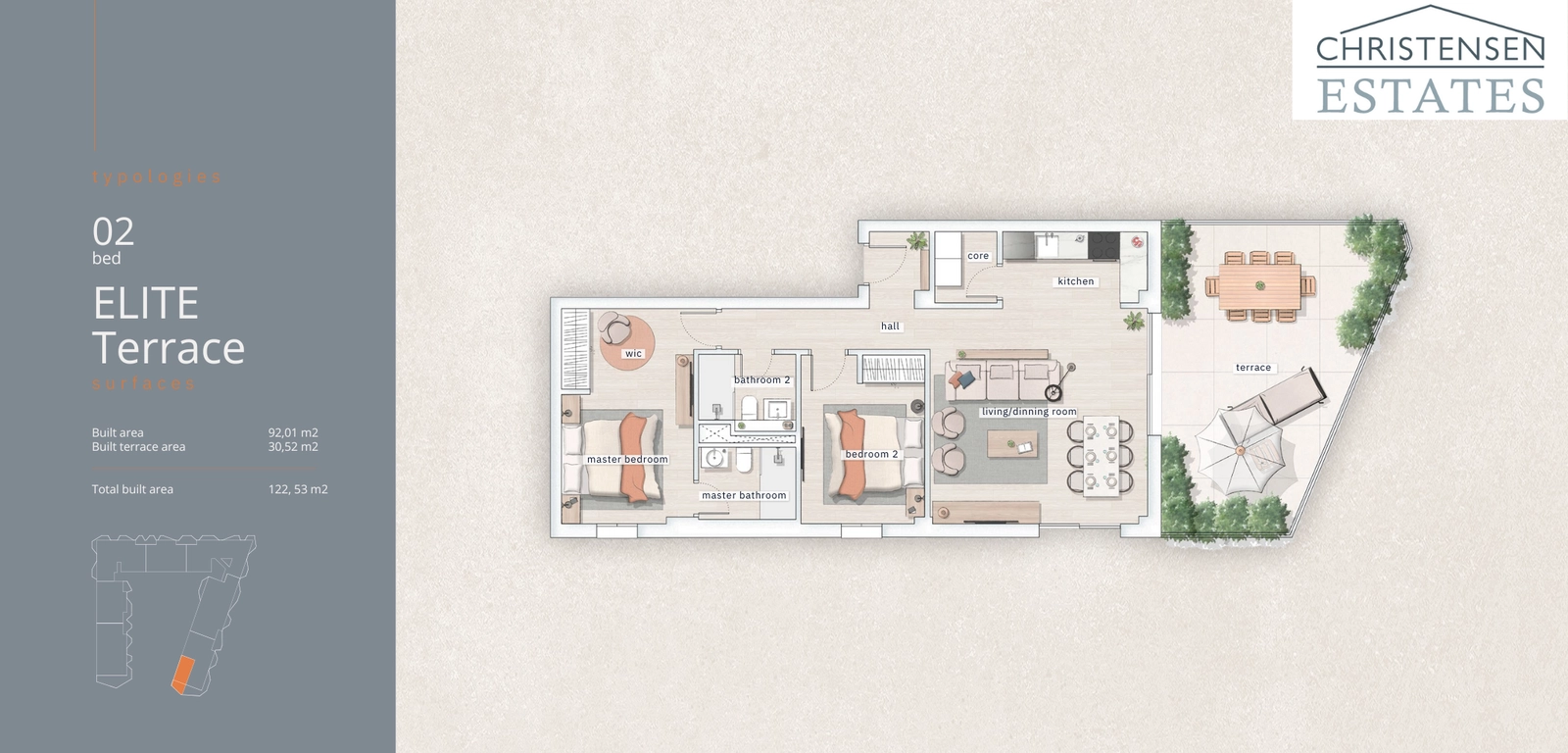 Grundriss der Zwei-Zimmer-'Elite Terrasse'-Wohnung, mit einem geräumigen Wohnbereich, der sich auf eine beeindruckende Terrasse für das Leben im Innen- und Außenbereich erstreckt.
