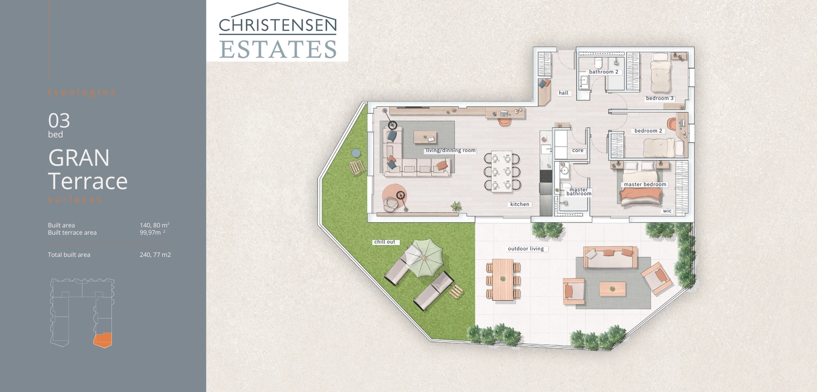 Grundriss der Drei-Zimmer-'Gran Terrasse'-Wohnung, mit einem weitläufigen offenen Wohnbereich und drei gut proportionierten Schlafzimmern mit viel Stauraum.
