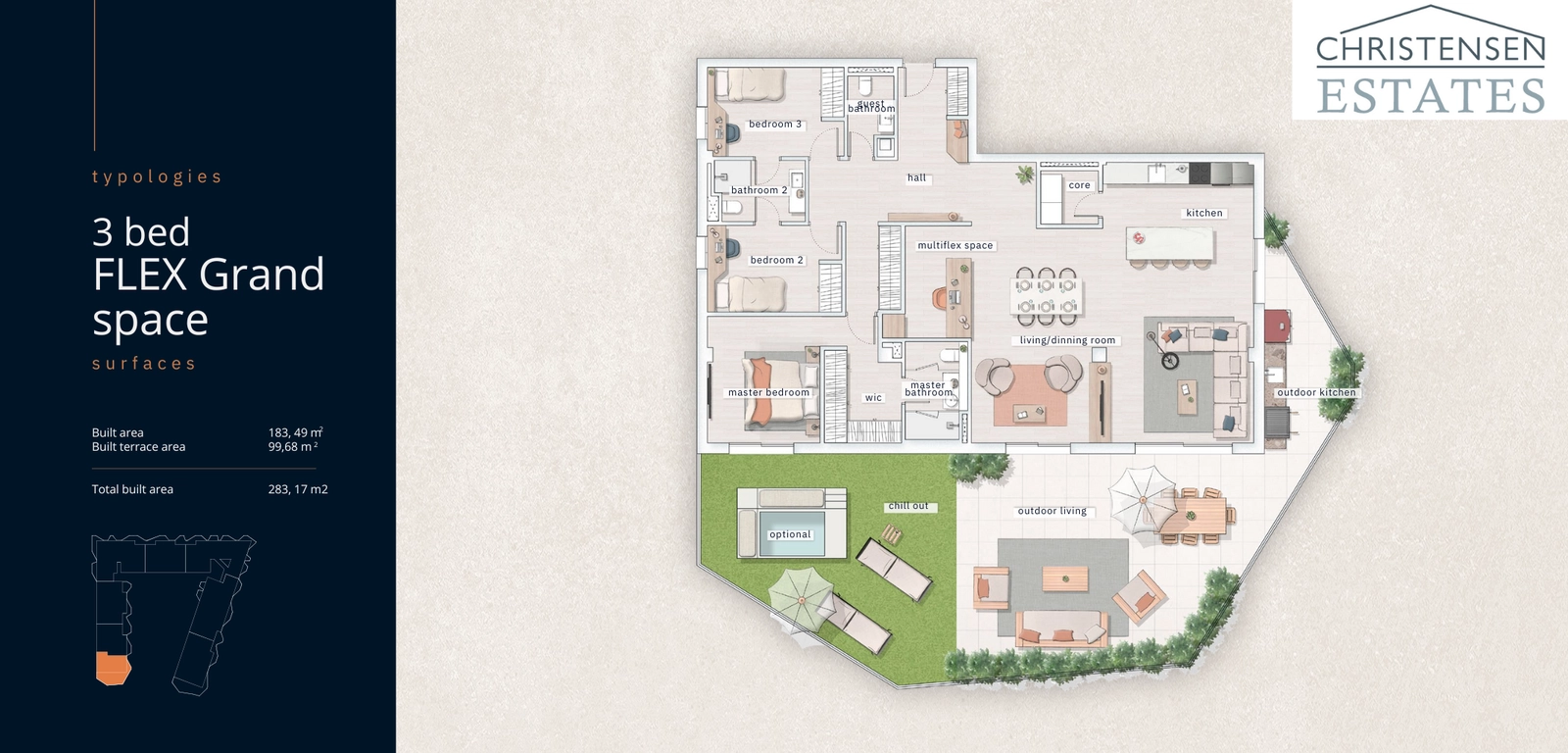 Drei-Zimmer-plus-Flexraum-'Grand Space'-Design. Dieser vielseitige Grundriss umfasst einen zusätzlichen Raum, perfekt für ein Homeoffice oder einen Gästebereich, sowie großzügige Außenbereiche.