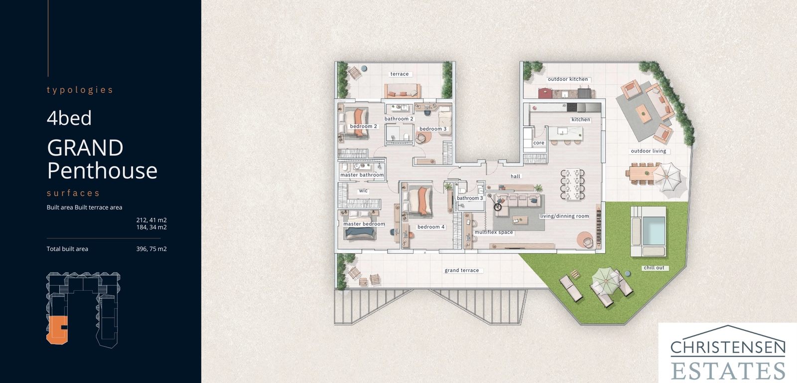 Grundriss der Vier-Zimmer-'Grand Penthouse'-Dachgeschosswohnung. Dieses weitläufige Zuhause bietet vier geräumige Schlafzimmer und mehrere Terrassen für außergewöhnlichen Komfort und Unterhaltung.