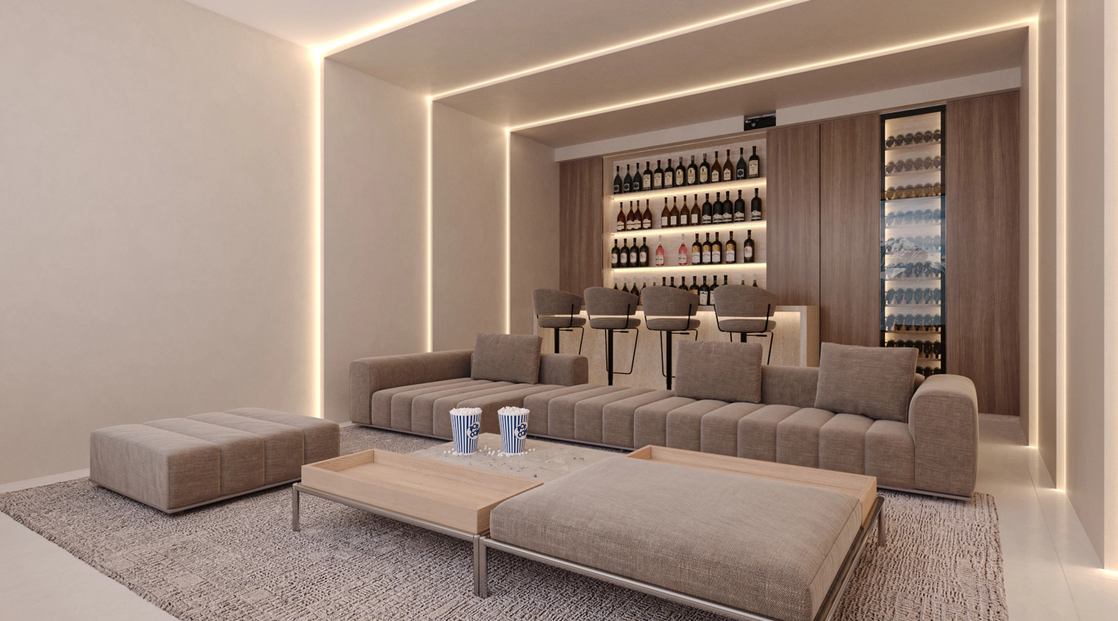 Der vielseitige Kellerbereich umfasst ein anspruchsvolles Heimkino und einen privaten Barbereich.