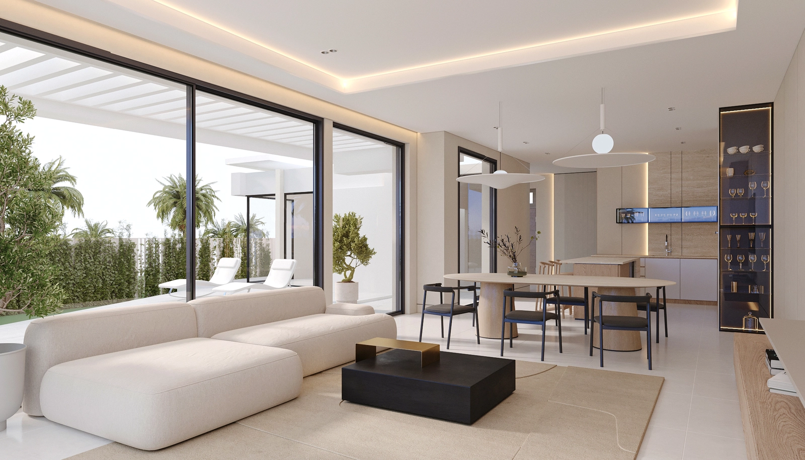 Der helle, offen gestaltete Wohn- und Essbereich verbindet sich nahtlos mit der Außenterrasse.