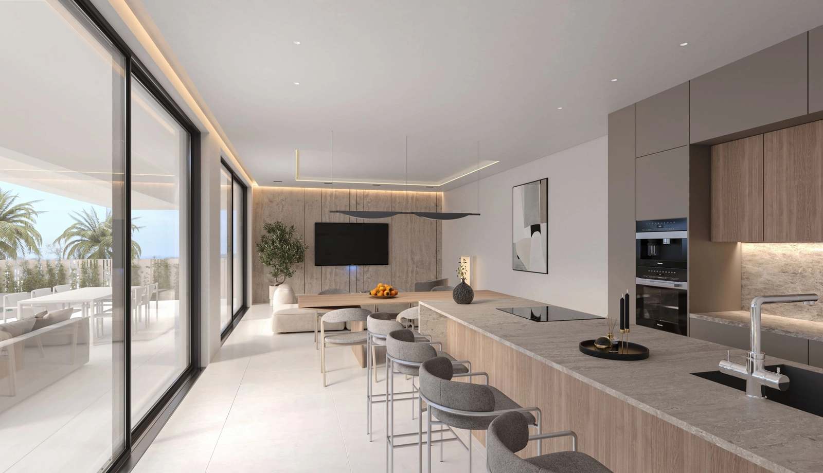 Eine moderne, voll ausgestattete Küche mit einer stilvollen Insel ist ideal zum Kochen und Unterhalten.