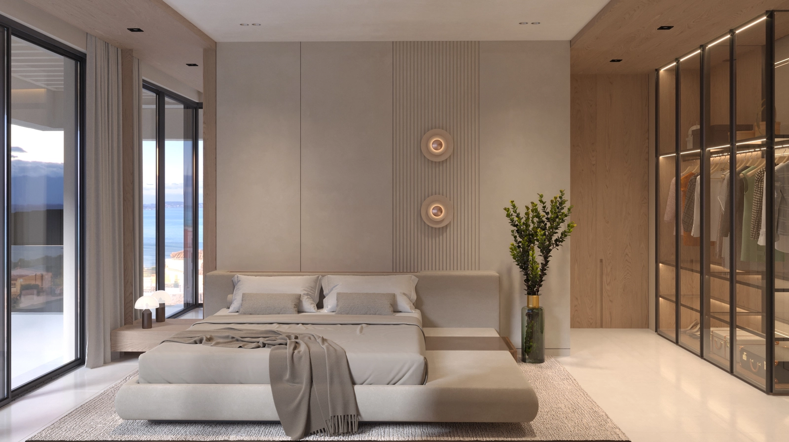 Die Master-Suite ist ein friedlicher Rückzugsort mit schöner Aussicht und einem geräumigen begehbaren Kleiderschrank.