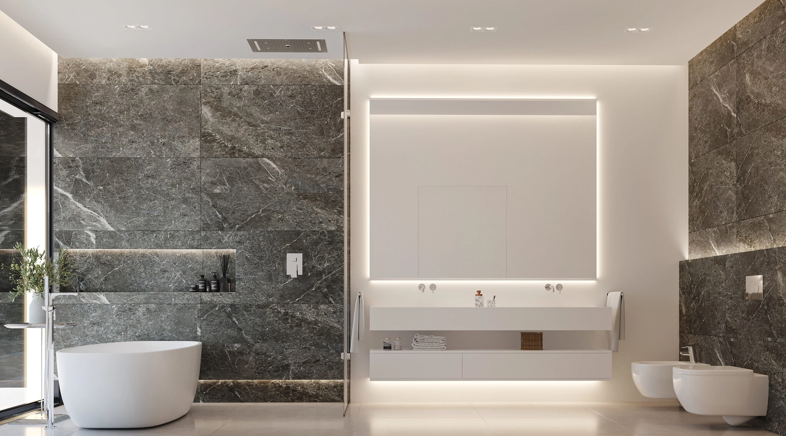 Ein luxuriöses Badezimmer mit einer freistehenden Badewanne und hochwertigen Materialien für ultimative Entspannung.