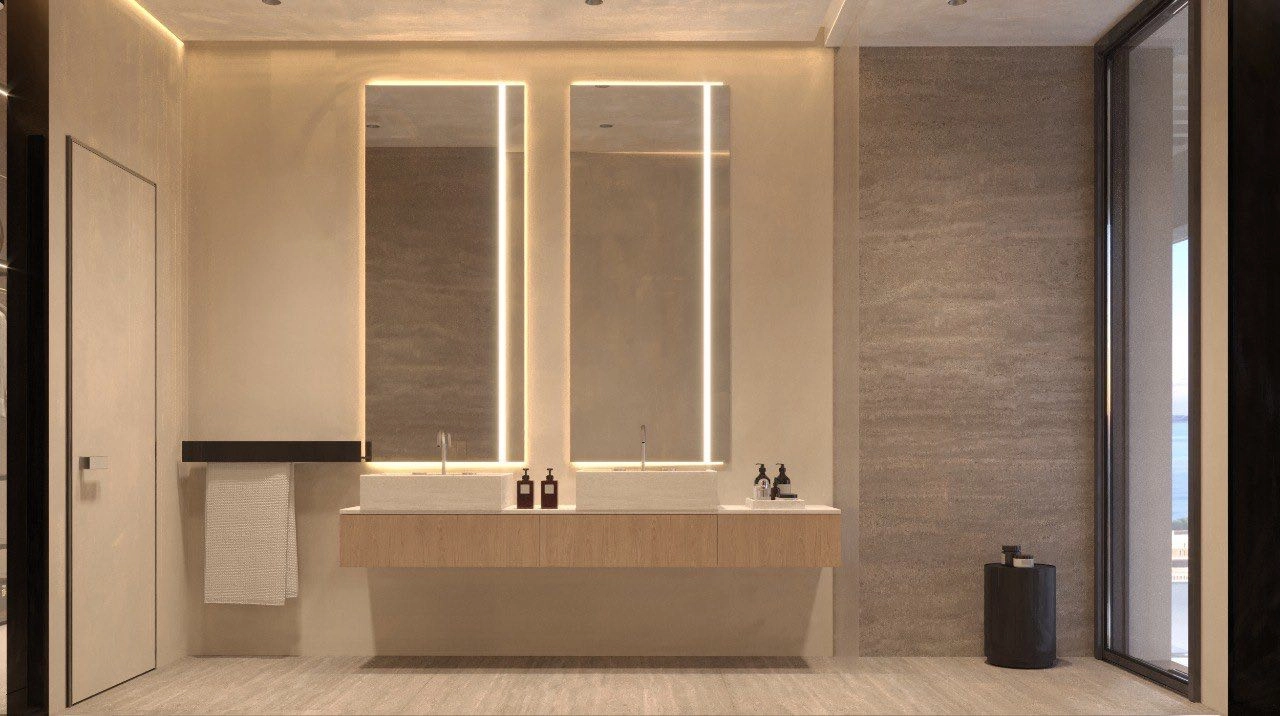 Elegantes Badezimmerdesign mit einer geräumigen ebenerdigen Dusche und anspruchsvoller Beleuchtung.