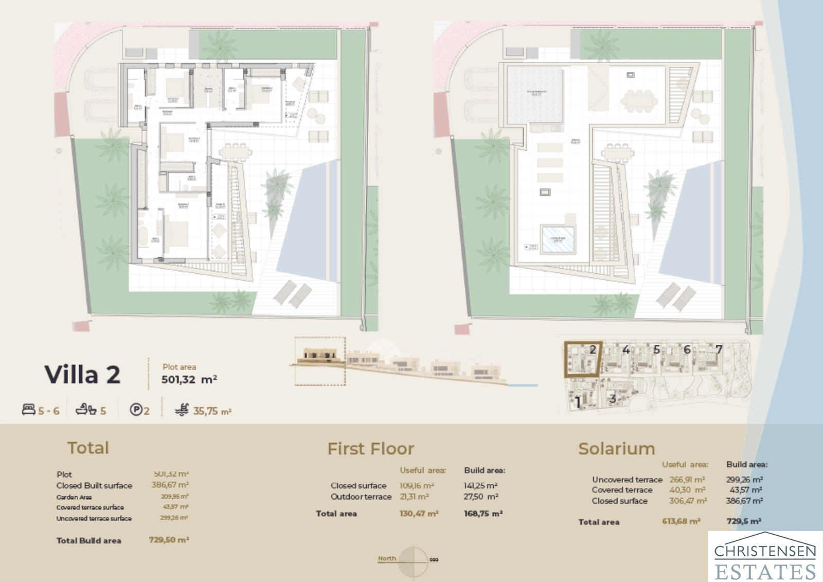 Die Obergeschosspläne für Villa 2, mit mehreren Schlafzimmer-Suiten und einem großen Dachsolarium.