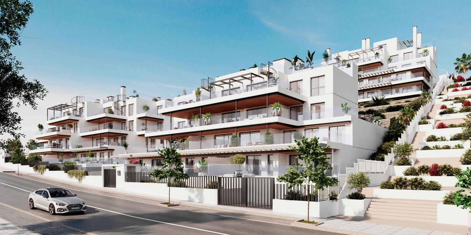 Ein modernes architektonisches Design, das sich wunderschön in die umliegende Landschaft von Estepona einfügt.