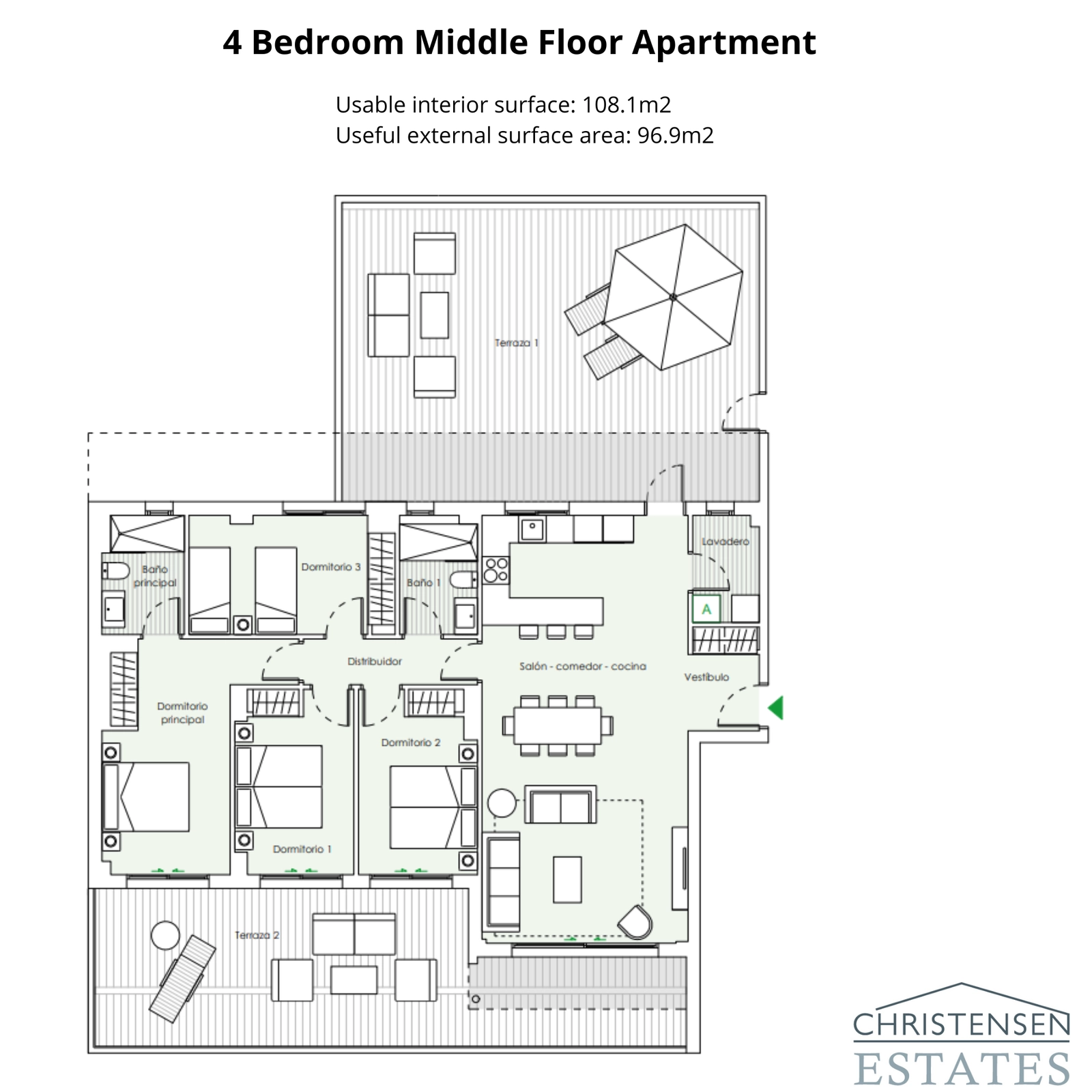 Ein weitläufiger Grundriss einer Vier-Schlafzimmer-Wohnung im mittleren Stockwerk mit zwei separaten Terrassen, die viel Außenbereich und Privatsphäre für die ganze Familie bieten.