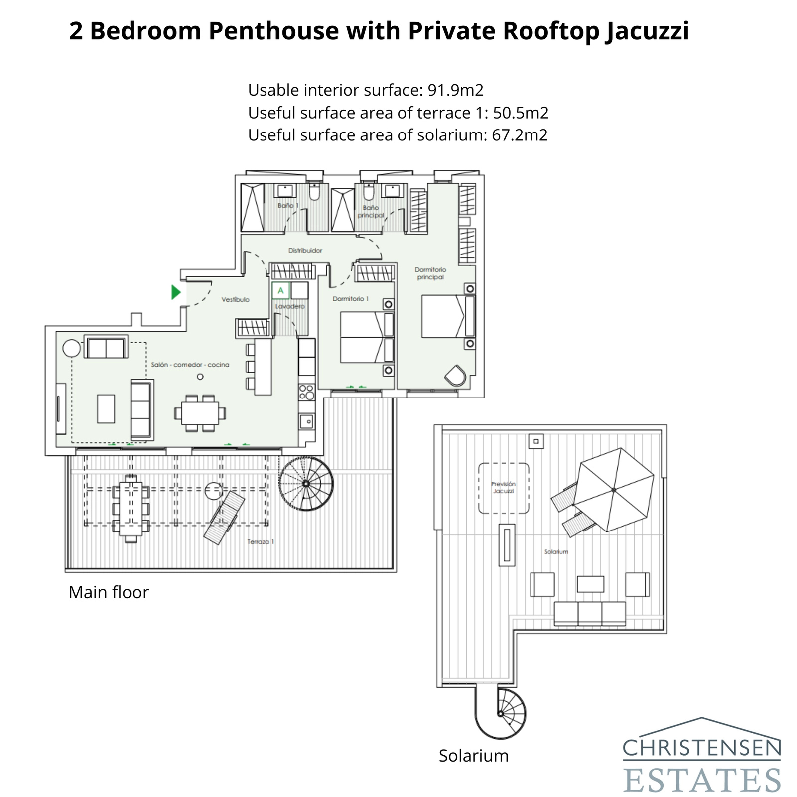 Ein hervorragendes Zwei-Schlafzimmer-Dachgeschosswohnungsdesign mit einer großen Terrasse und einer Wendeltreppe, die zu einem privaten Dachsolarium führt – perfekt für Unterhaltung.