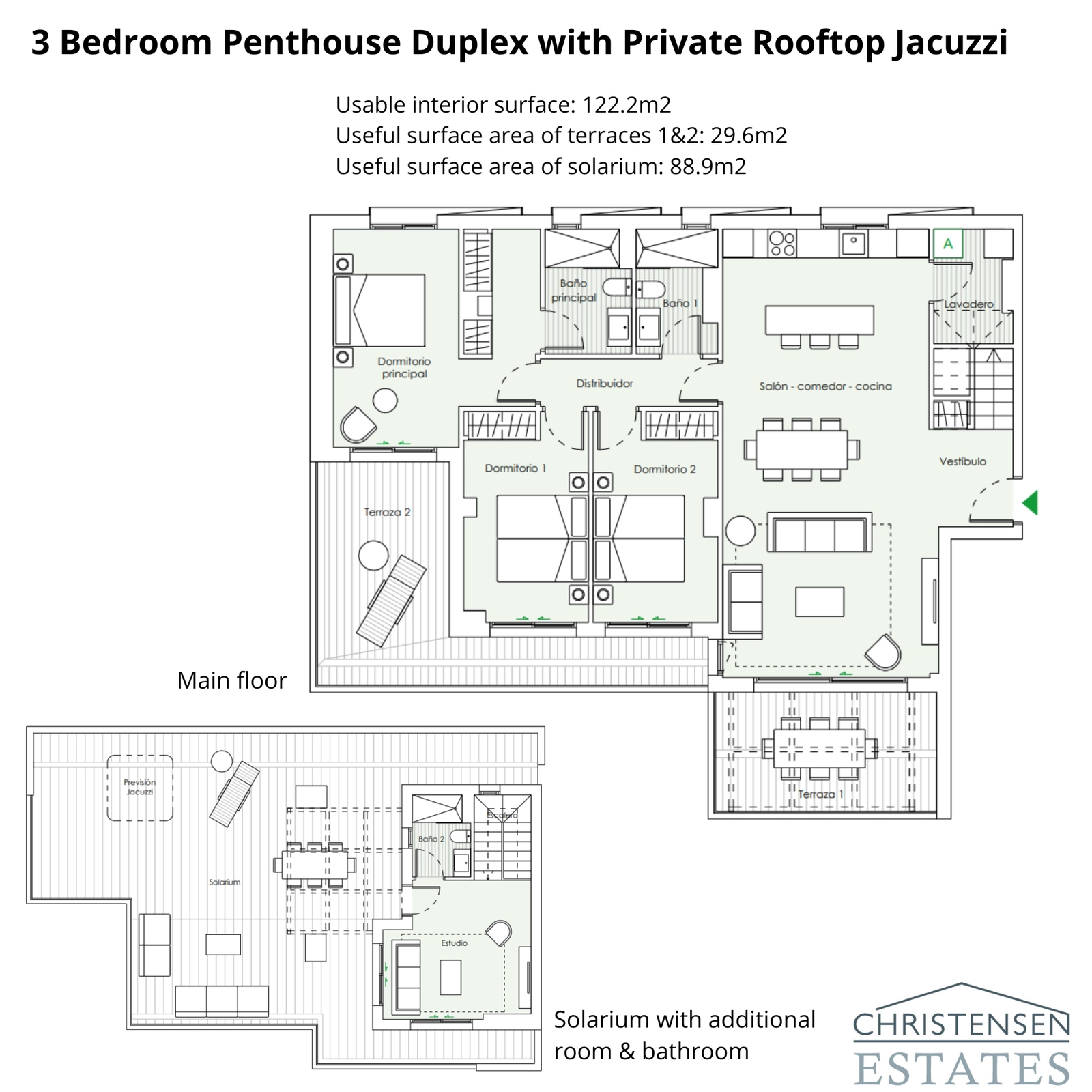 Der Grundriss dieser beeindruckenden Drei-Schlafzimmer-Maisonette-Dachgeschosswohnung offenbart ein geräumiges Hauptgeschoss und ein prächtiges Dachsolarium mit einem zusätzlichen Zimmer und Badezimmer.