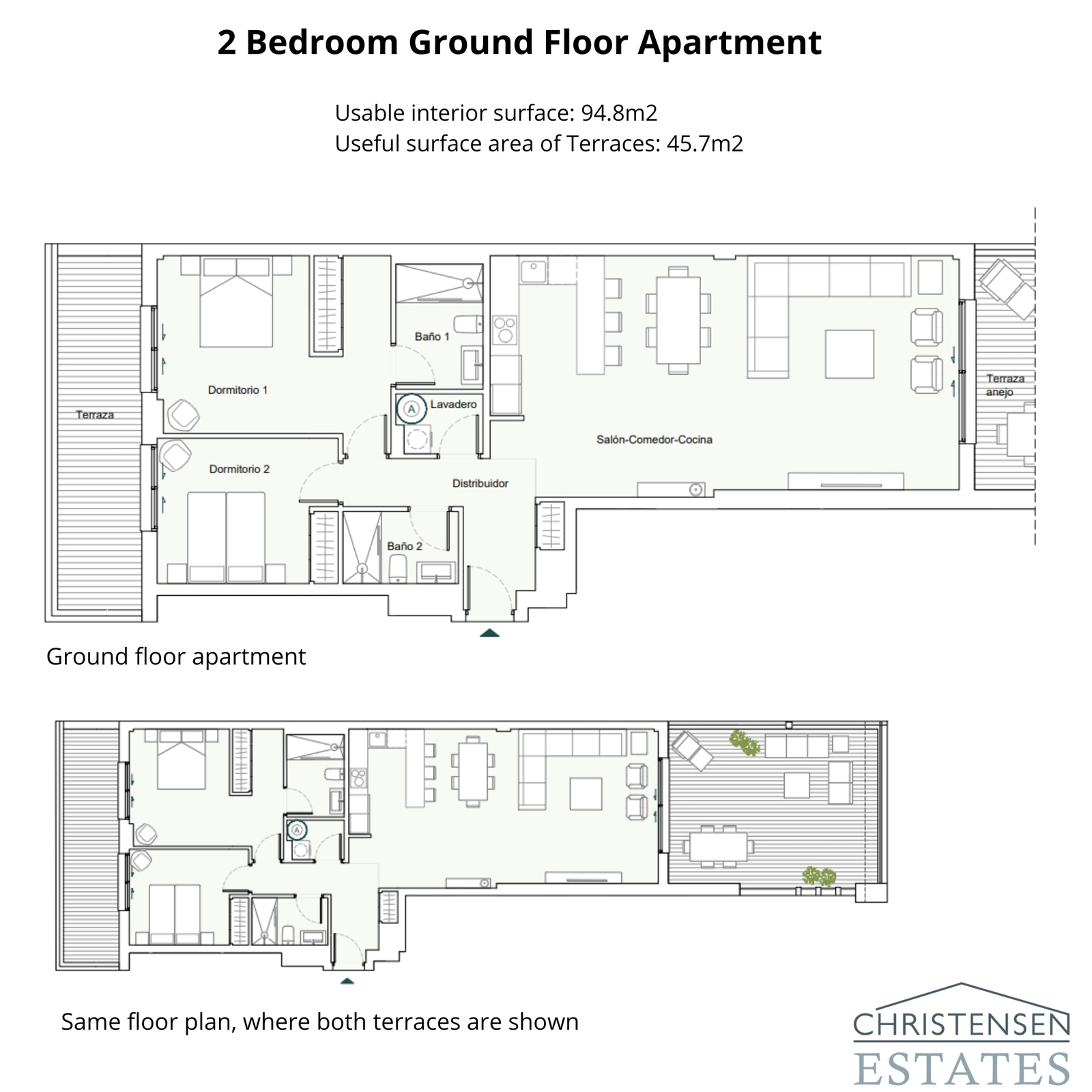 Dieser Grundriss einer Zweizimmer-Erdgeschosswohnung zeigt ein intelligentes Design mit einem offenen Wohnbereich, der mit zwei separaten Terrassen verbunden ist und den Lebensstil im Innen- und Außenbereich bereichert.