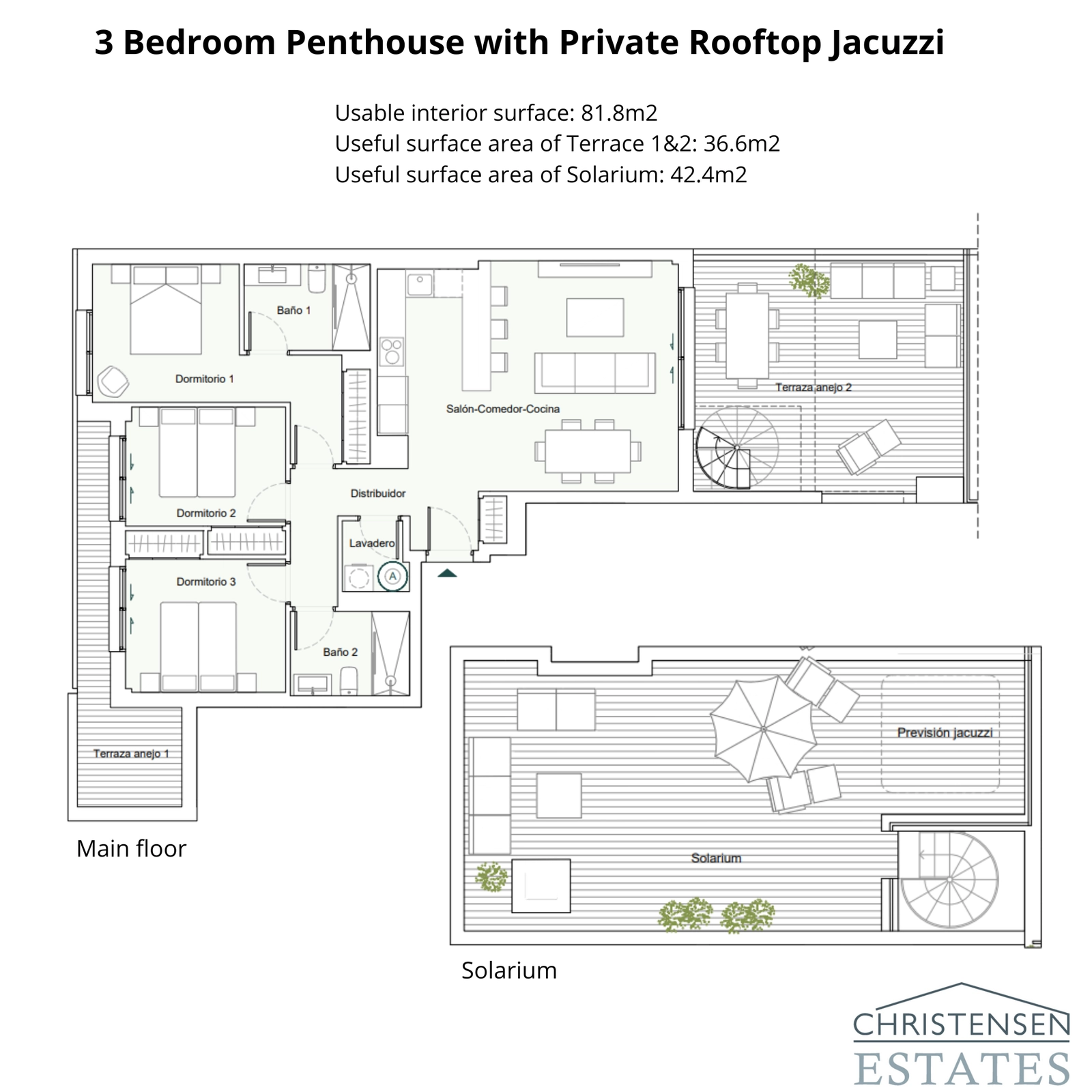 Diese Dreizimmer-Dachgeschosswohnung bietet einen außergewöhnlichen Grundriss mit zwei Terrassen auf der Hauptetage und einem großen privaten Solarium auf der oberen Ebene, konzipiert für höchsten Komfort und Exklusivität.