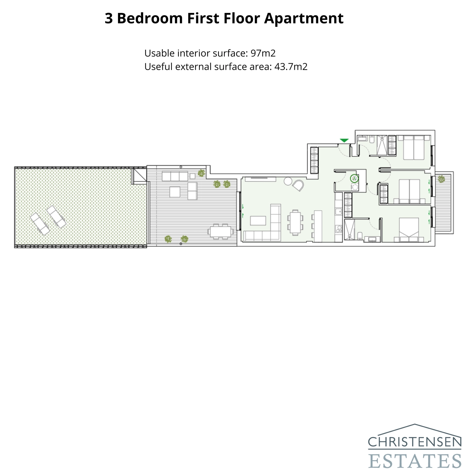 Ein geräumiger Grundriss mit drei Schlafzimmern, der eine weitläufige Terrasse und einen Garten umfasst und eine nahtlose Verbindung von Innen- und Außenbereich bietet.