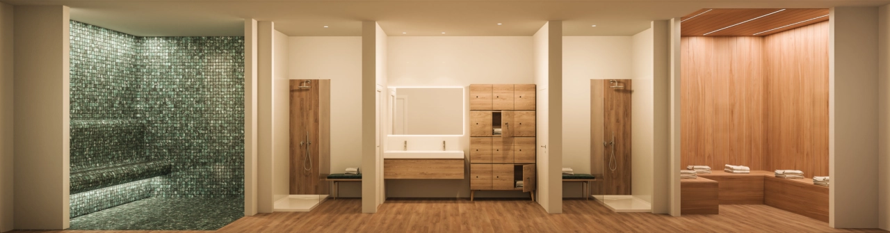 Das Spa der Bewohner umfasst eine Sauna und ein türkisches Bad und bietet einen privaten Bereich für Wellness und Erholung.