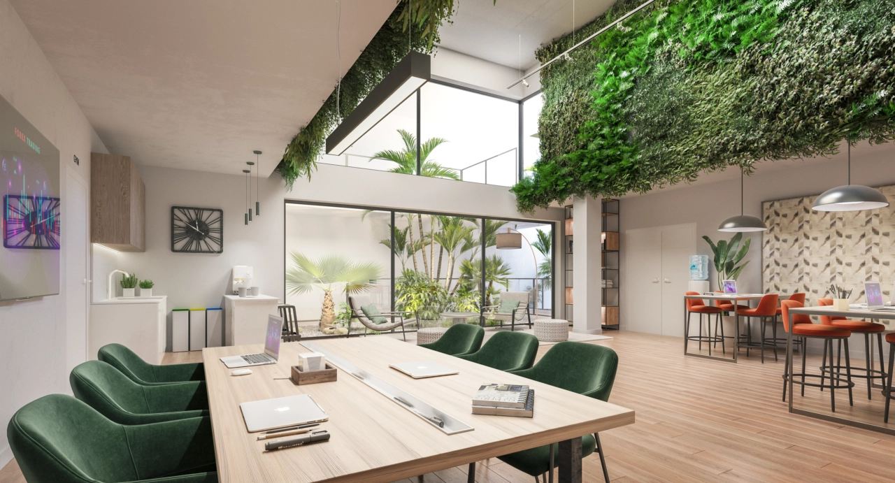 Eine stilvolle und komfortable Co-Working-Lounge, in der Bewohner arbeiten, sich treffen oder entspannen können.