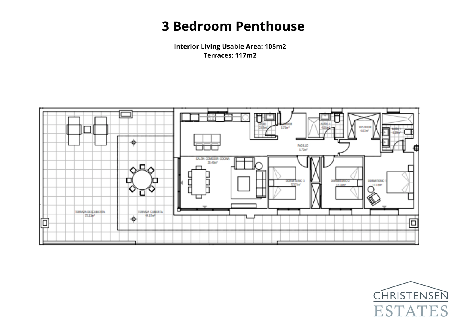 Der Grundriss der Dreizimmer-Dachgeschosswohnung bietet großzügige Wohnbereiche und eine beeindruckende Dachterrasse, die auf Privatsphäre und die Maximierung des atemberaubenden Panoramablicks ausgelegt ist.