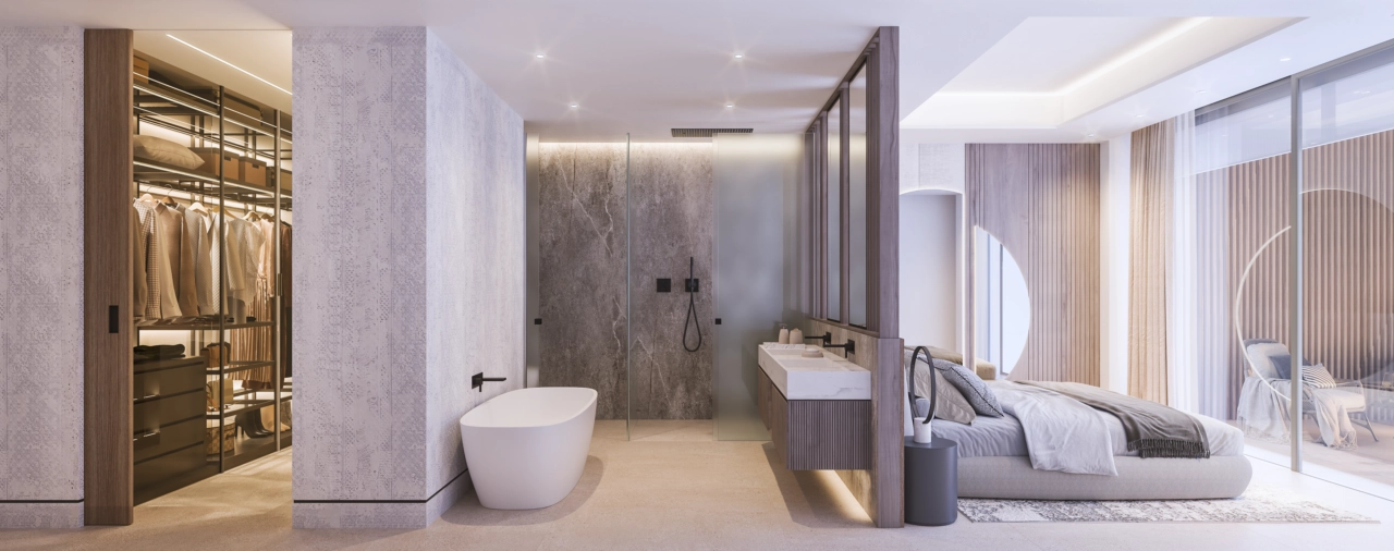 Die Master-Suite ist ein Refugium aus Komfort und Stil, komplett mit einem offen gestalteten Badezimmer und einem begehbaren Kleiderschrank.