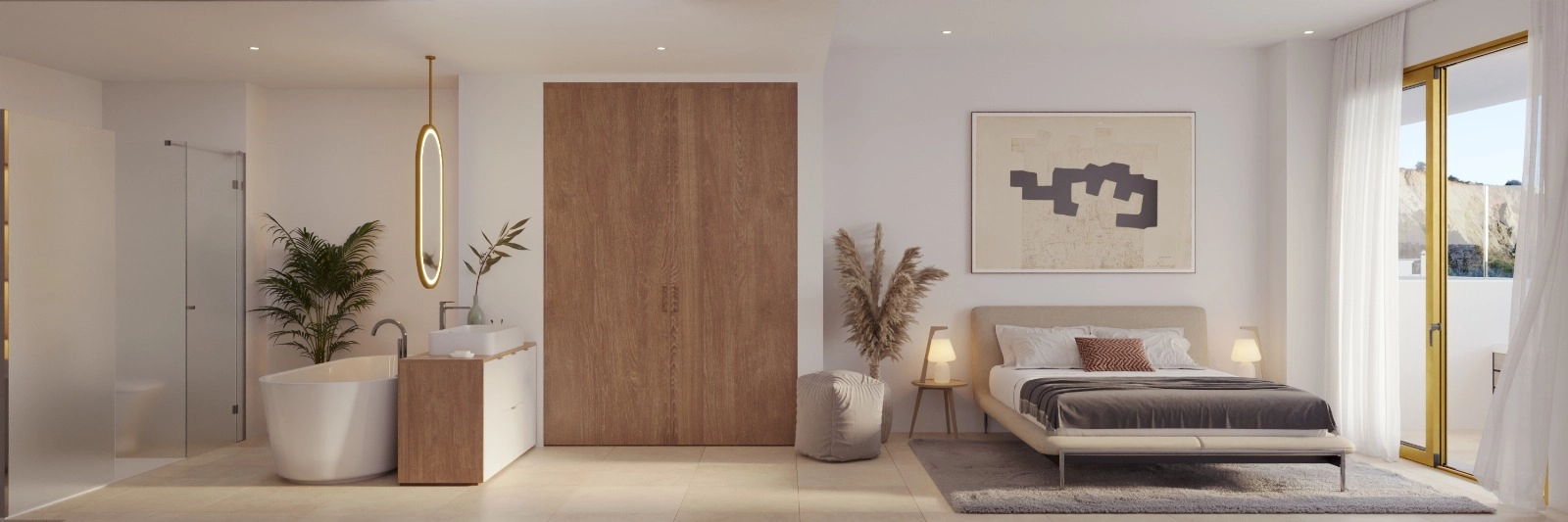 Die Master-Schlafzimmer-Suite bietet einen ruhigen Rückzugsort mit einem eleganten, offen gestalteten Badezimmer.