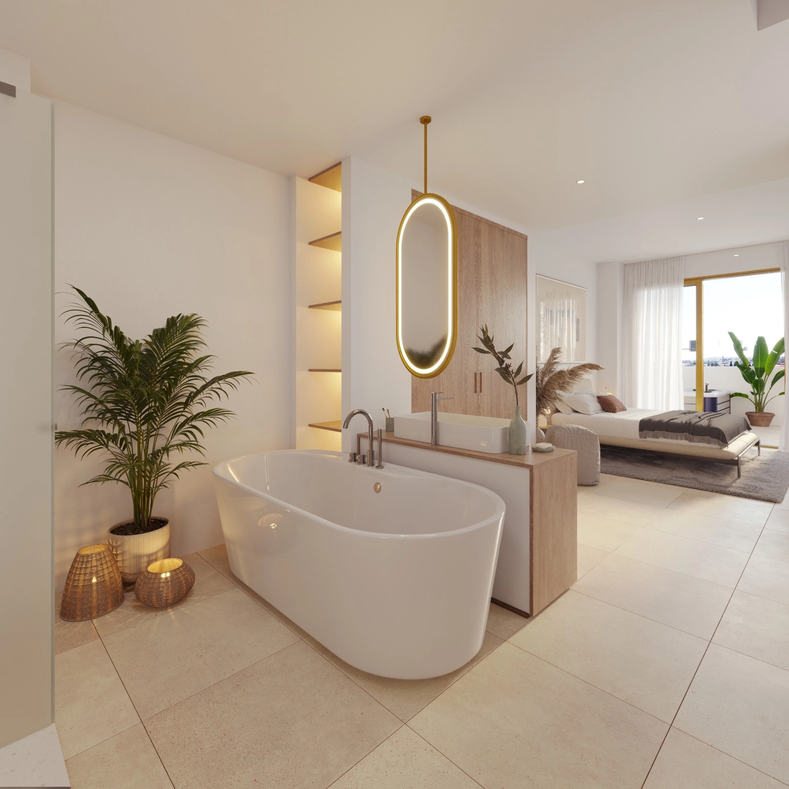 Ein wunderschön eingerichtetes Badezimmer mit freistehender Badewanne, das ein Spa-ähnliches Erlebnis zu Hause schafft.