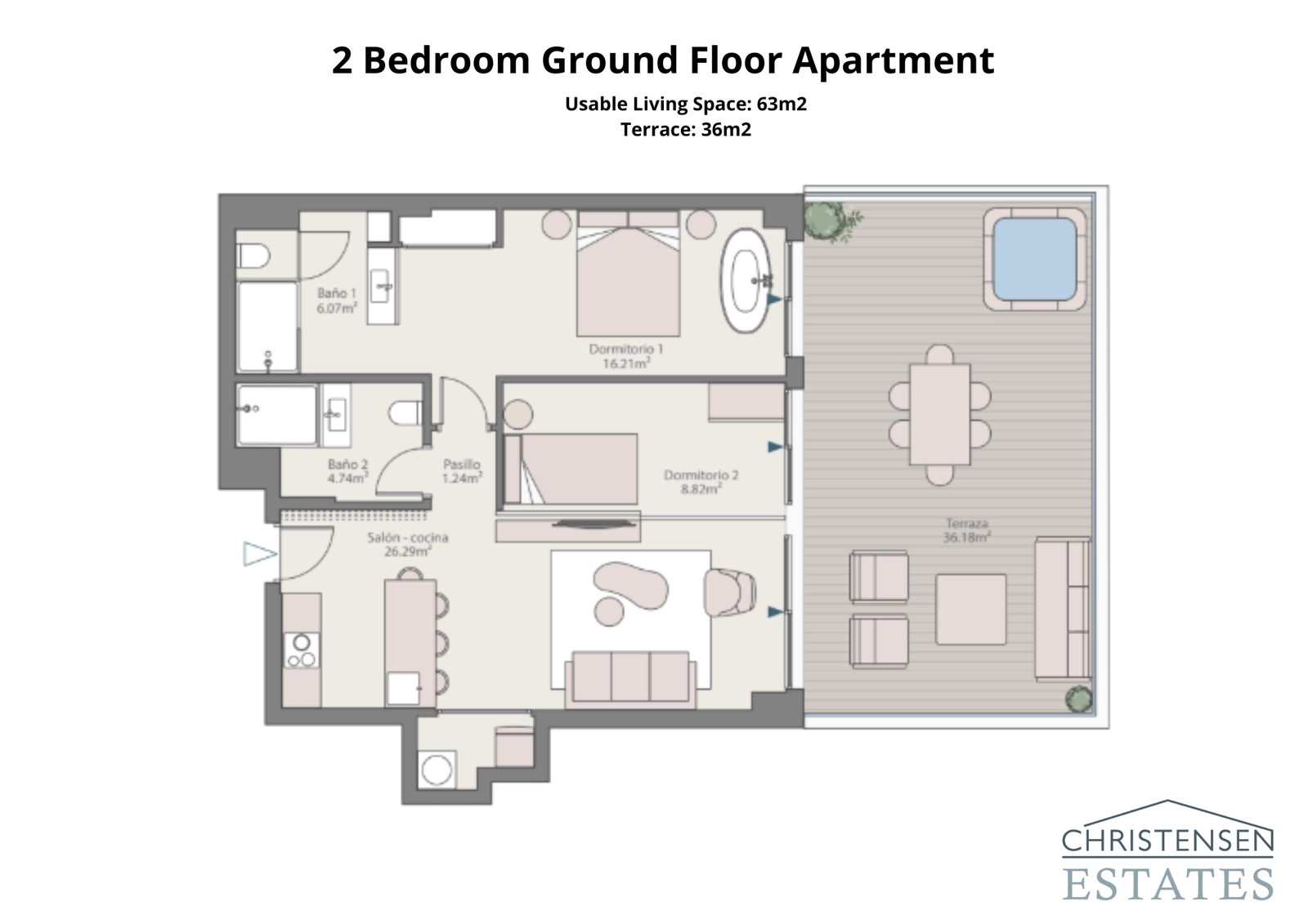 Eine geräumige Zwei-Schlafzimmer-Wohnung im Erdgeschoss, die eine nahtlose Verbindung zu einer großen privaten Terrasse und Gartenfläche bietet.